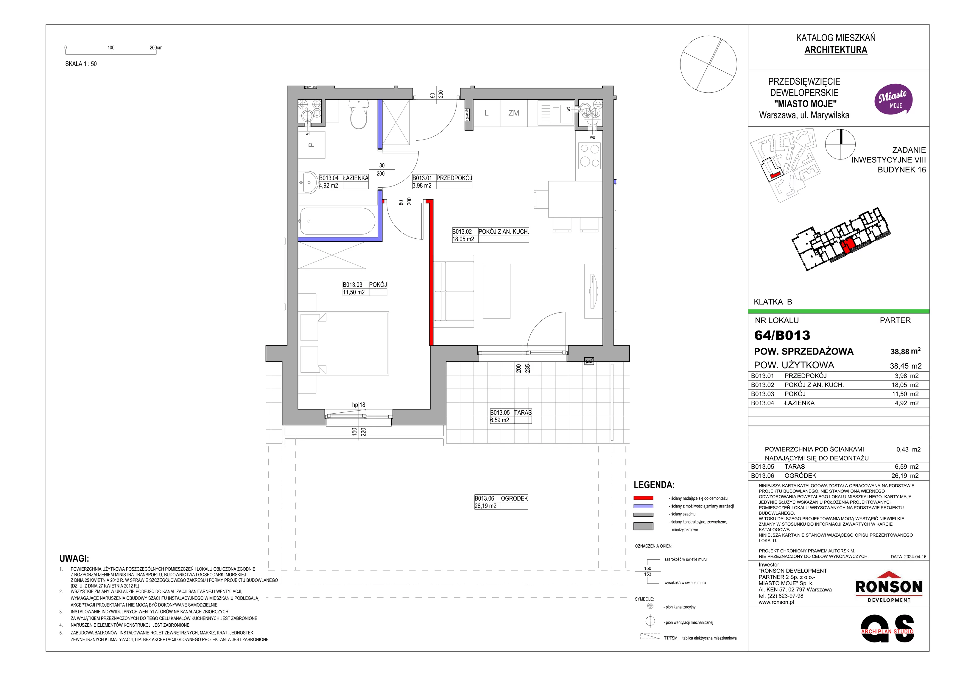 Mieszkanie 38,88 m², parter, oferta nr B16/B013, Miasto Moje, Warszawa, Białołęka, Żerań, ul. Marywilska 62