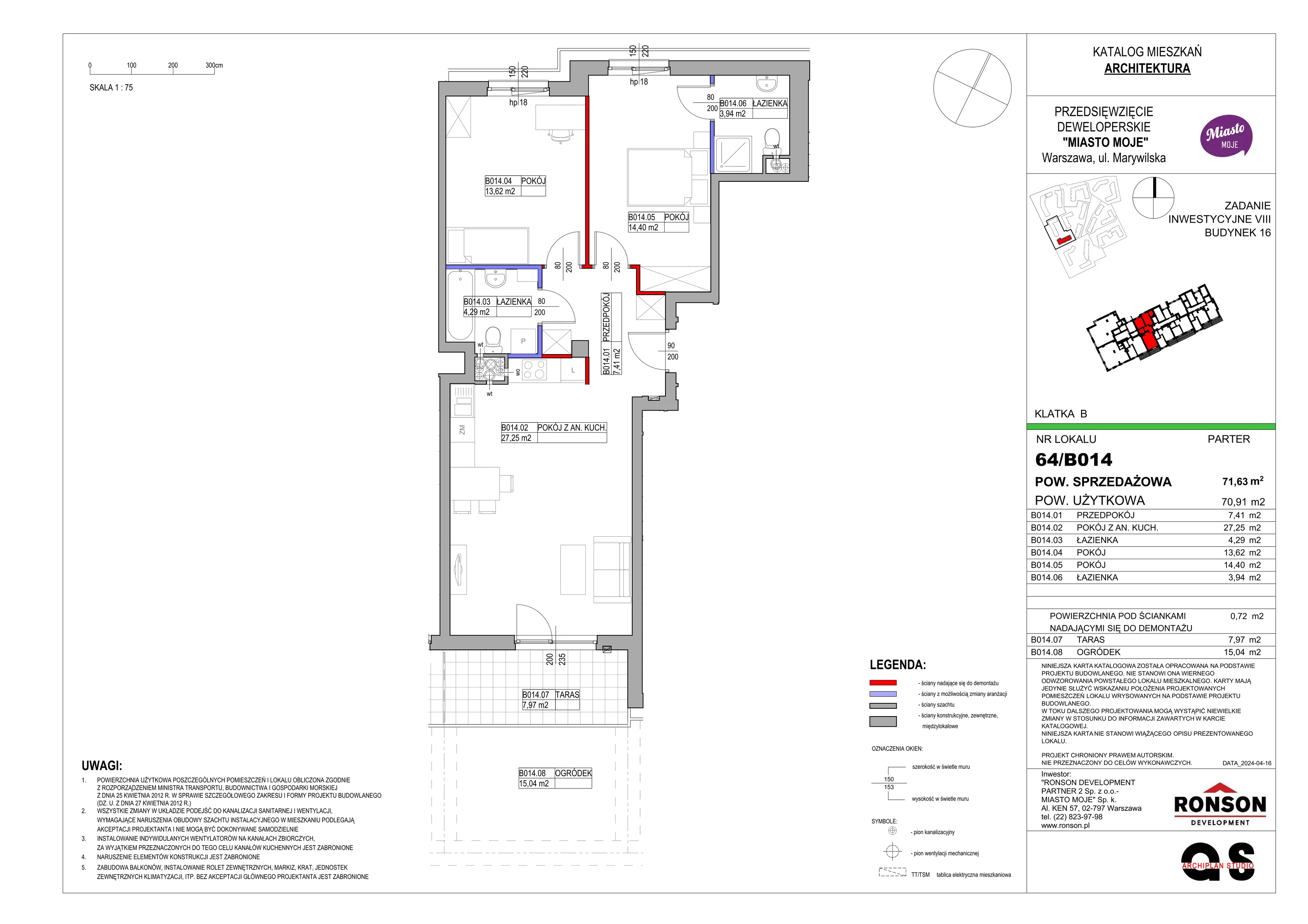 3 pokoje, mieszkanie 71,63 m², parter, oferta nr B16/B014, Miasto Moje, Warszawa, Białołęka, Żerań, ul. Marywilska 62