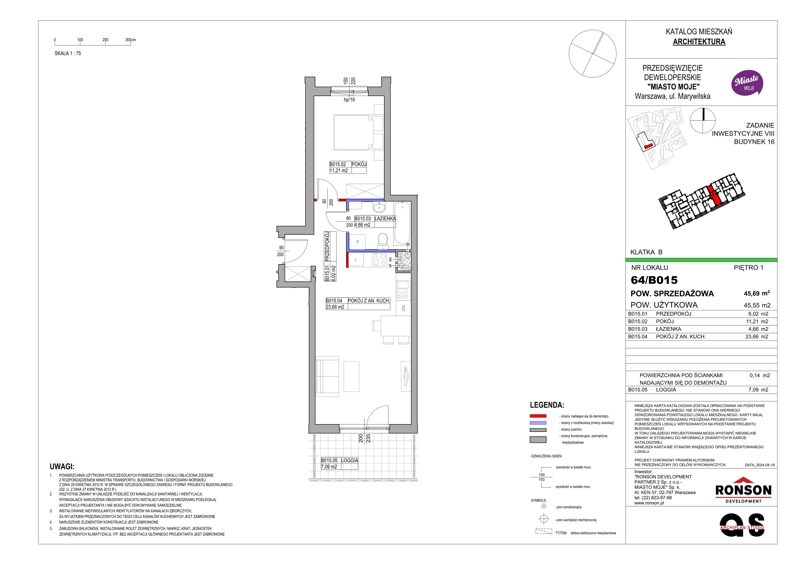 Mieszkanie 45,69 m², piętro 1, oferta nr B16/B015, Miasto Moje, Warszawa, Białołęka, Żerań, ul. Marywilska 62