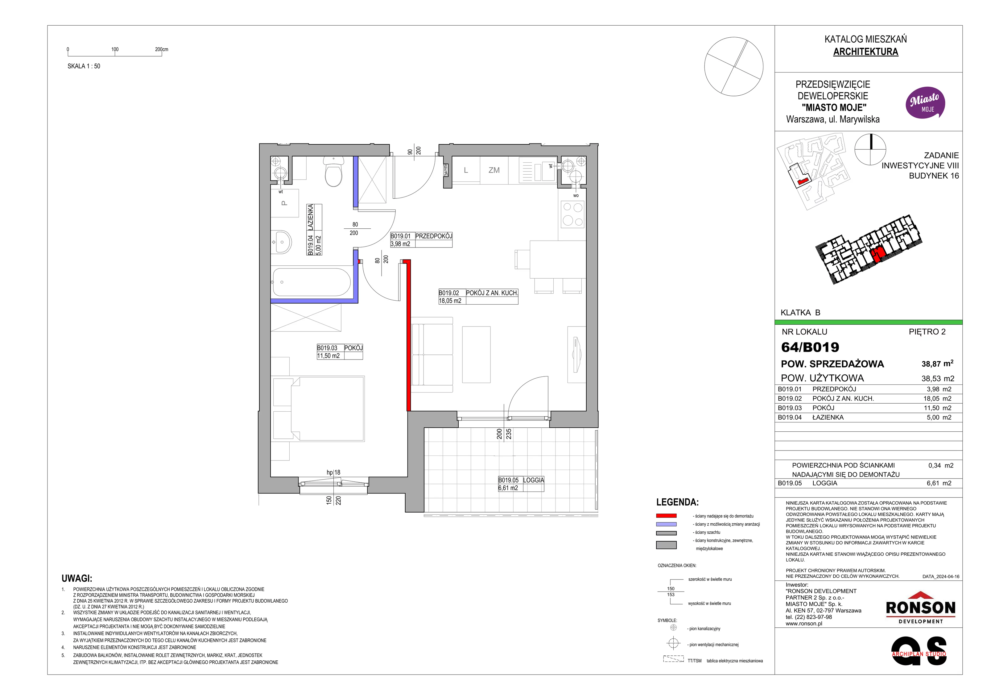 Mieszkanie 38,87 m², piętro 2, oferta nr B16/B019, Miasto Moje, Warszawa, Białołęka, Żerań, ul. Marywilska 62