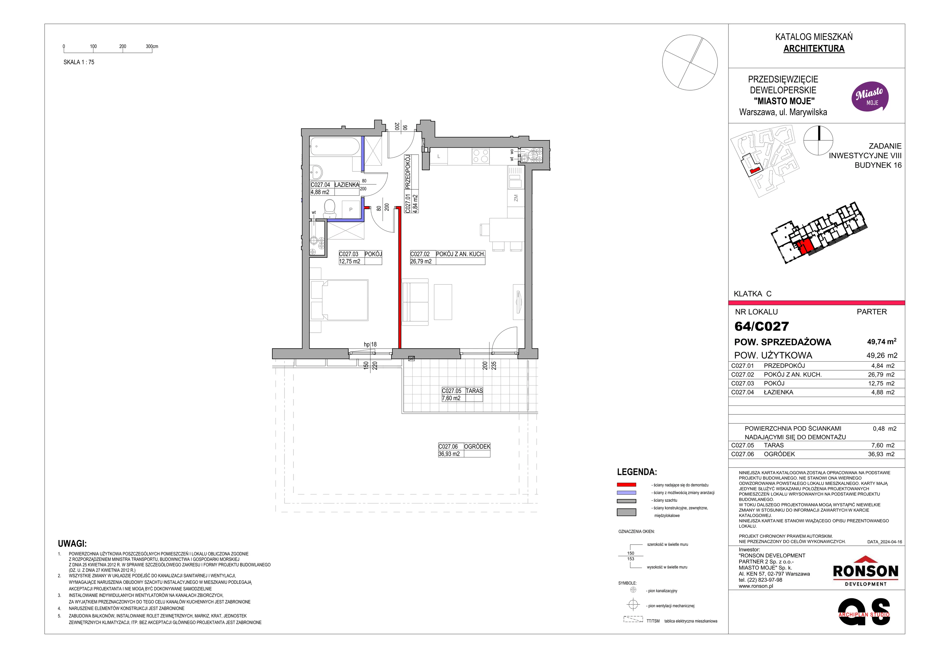 Mieszkanie 49,74 m², parter, oferta nr B16/C027, Miasto Moje, Warszawa, Białołęka, Żerań, ul. Marywilska 62