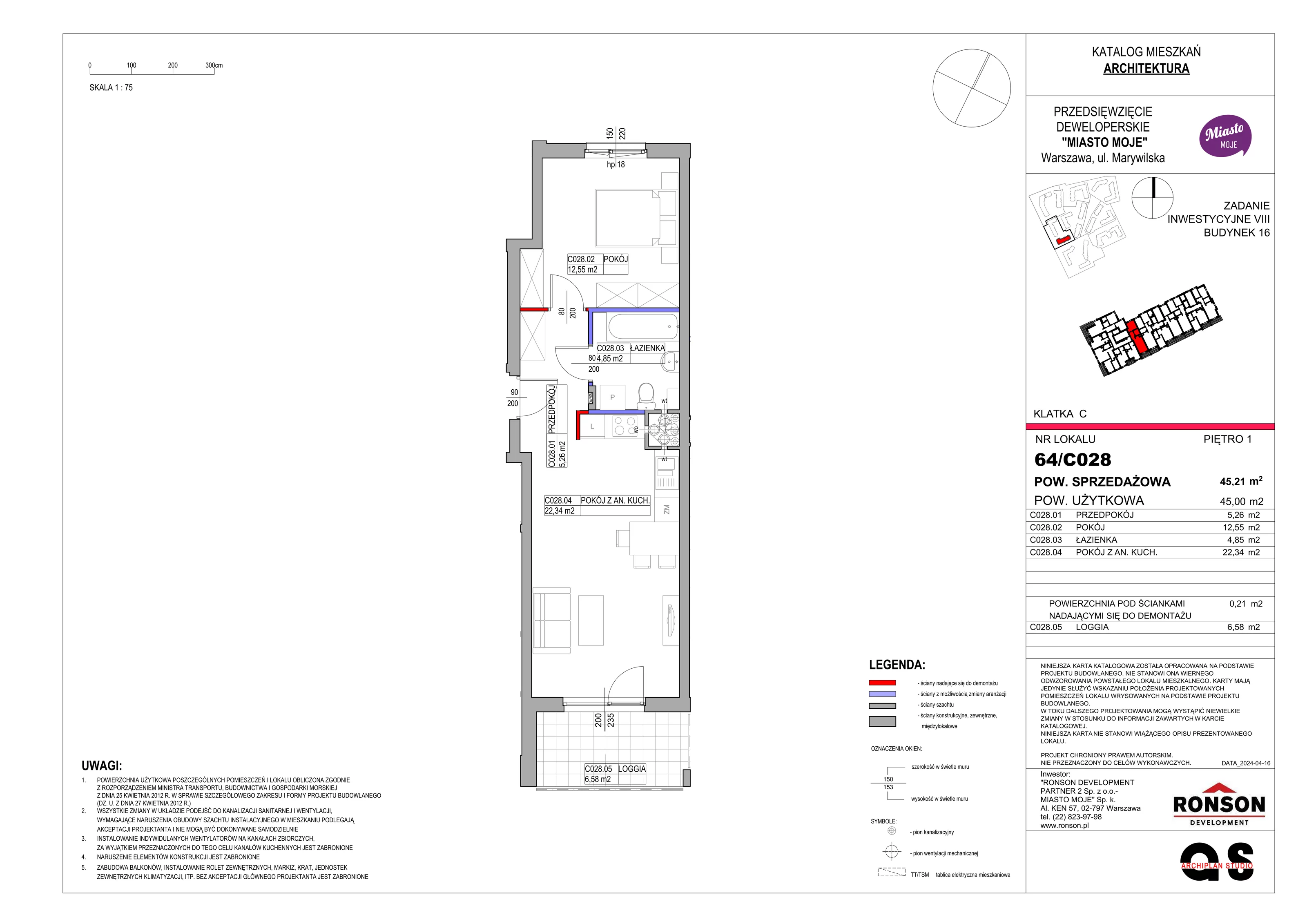 Mieszkanie 45,21 m², piętro 1, oferta nr B16/C028, Miasto Moje, Warszawa, Białołęka, Żerań, ul. Marywilska 62