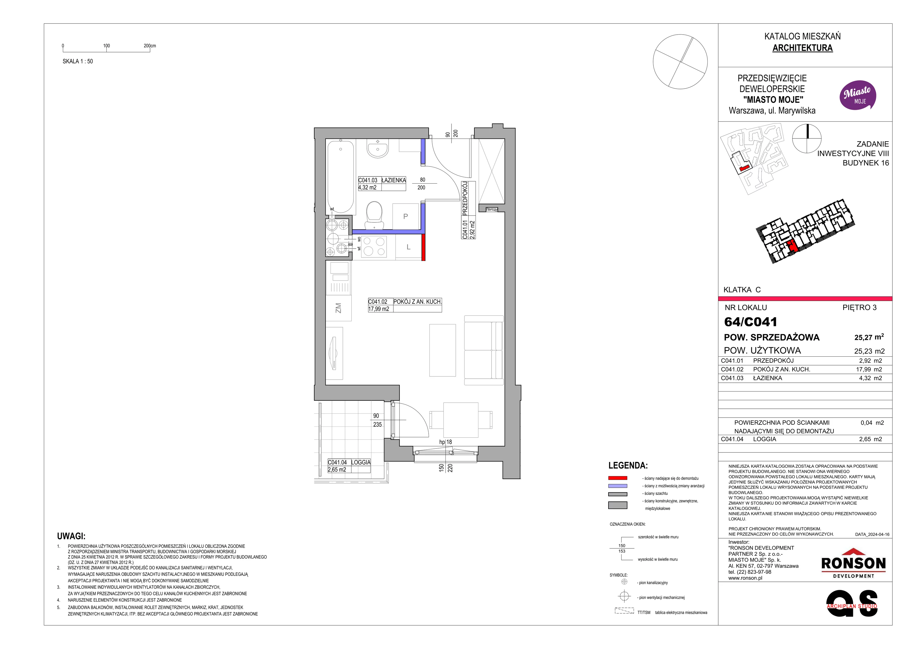 Mieszkanie 25,27 m², piętro 3, oferta nr B16/C041, Miasto Moje, Warszawa, Białołęka, Żerań, ul. Marywilska 62