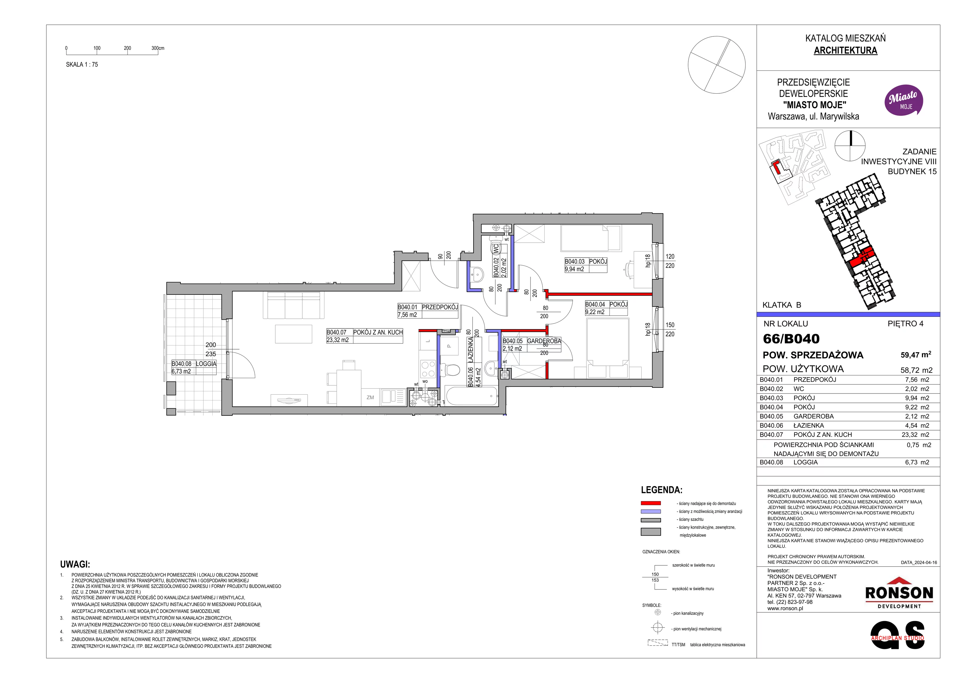 Mieszkanie 59,47 m², piętro 4, oferta nr B15/B040, Miasto Moje, Warszawa, Białołęka, Żerań, ul. Marywilska 62