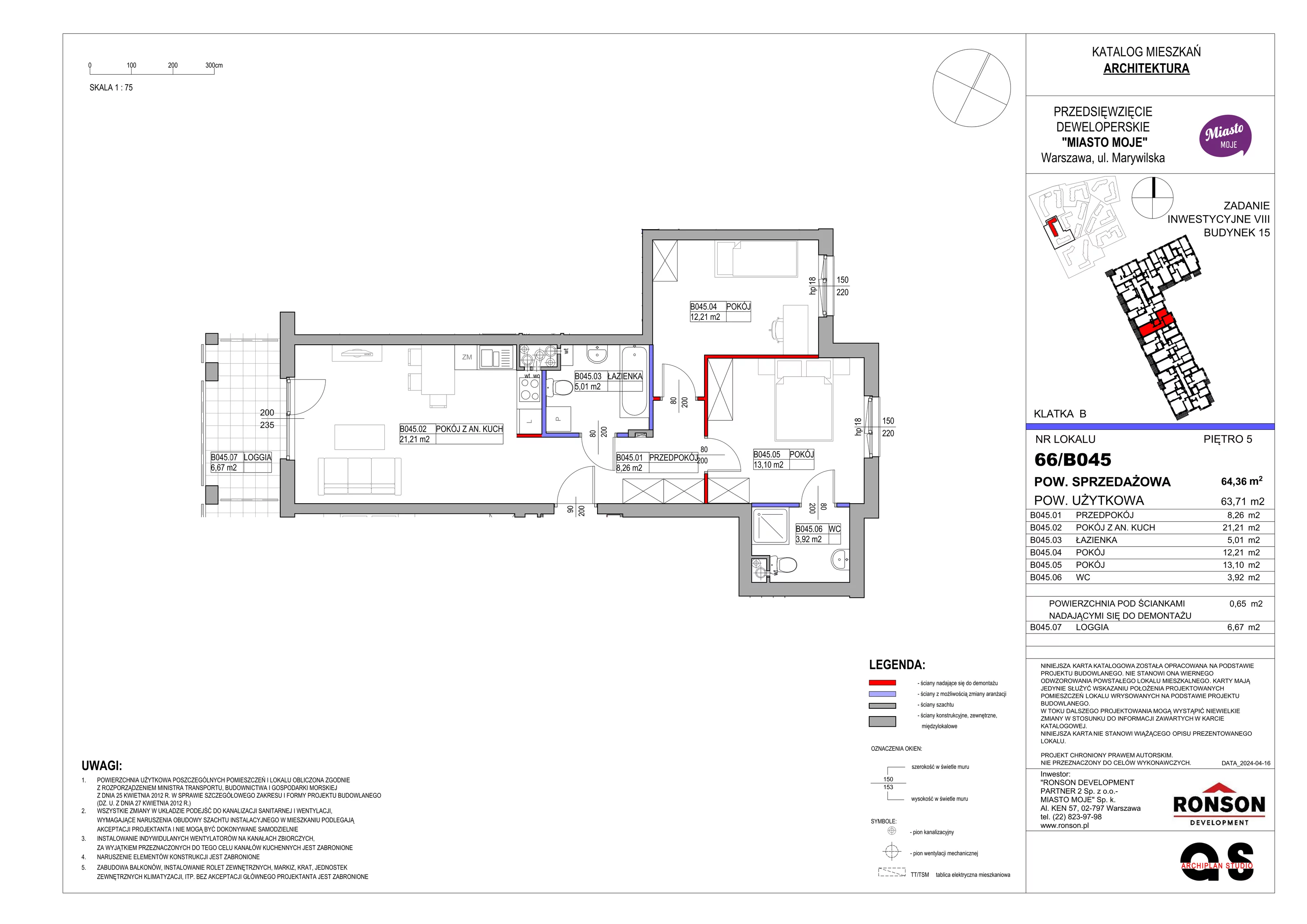 Mieszkanie 64,36 m², piętro 5, oferta nr B15/B045, Miasto Moje, Warszawa, Białołęka, Żerań, ul. Marywilska 62