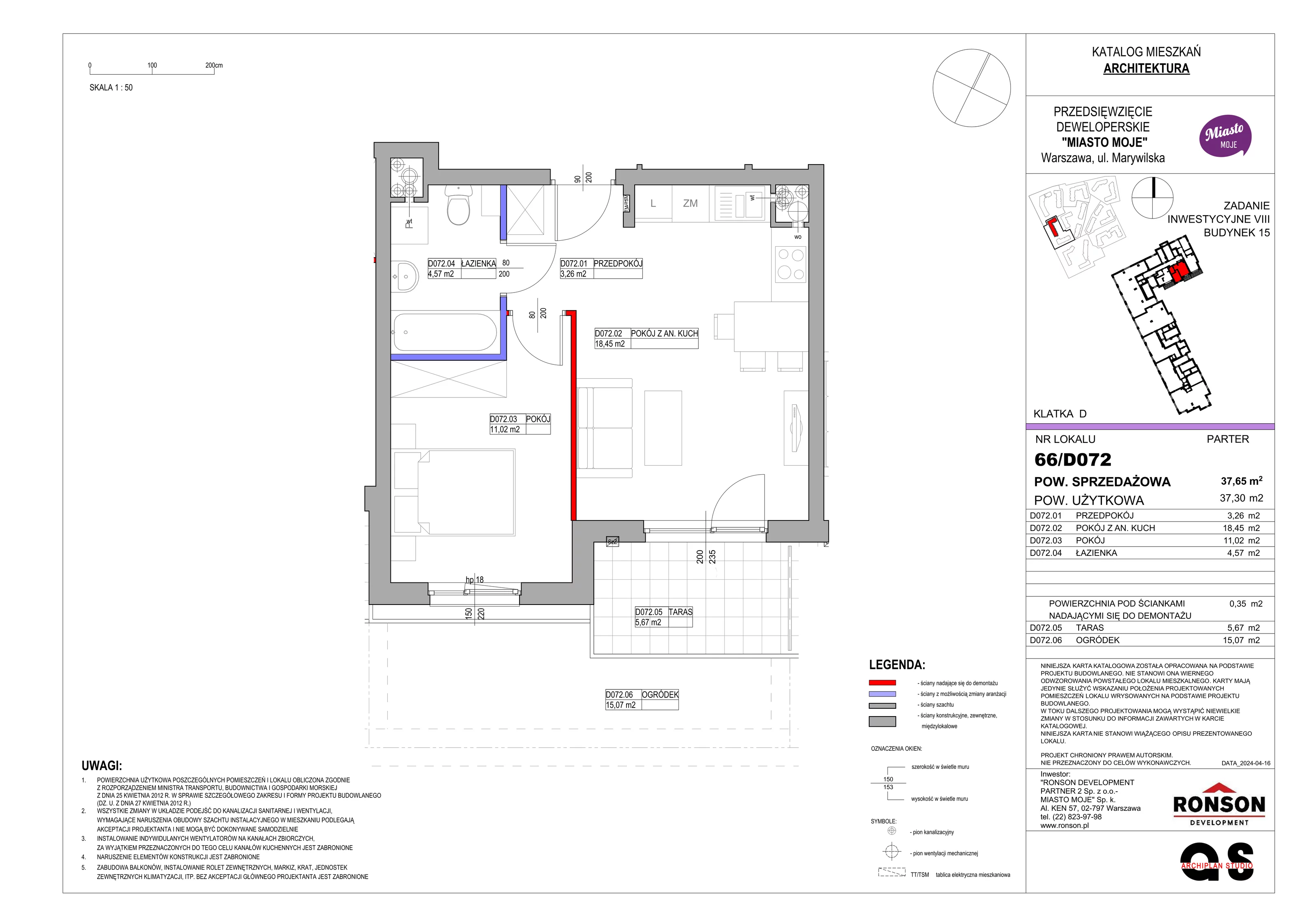 Mieszkanie 37,65 m², parter, oferta nr B15/D072, Miasto Moje, Warszawa, Białołęka, Żerań, ul. Marywilska 62