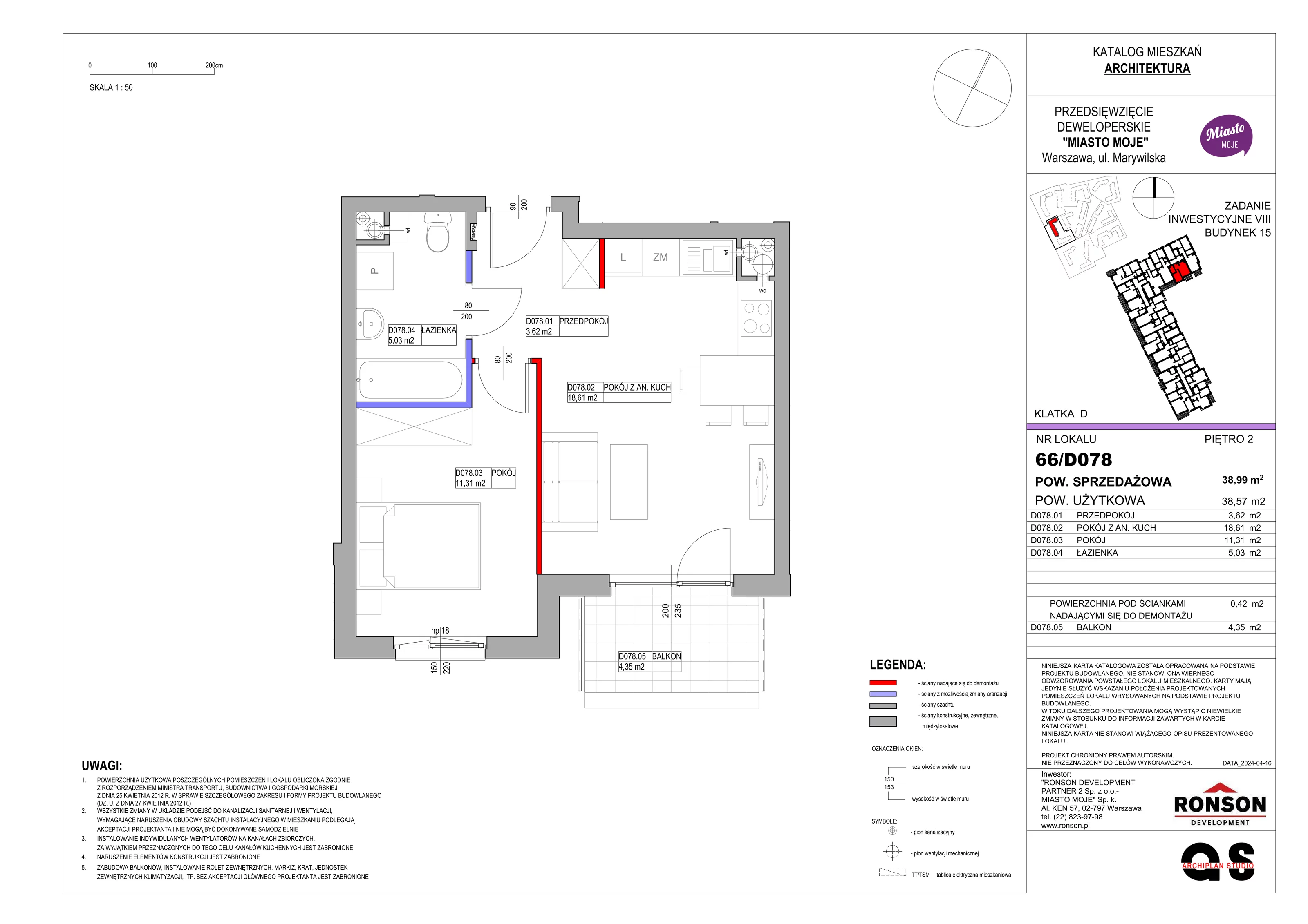 Mieszkanie 38,99 m², piętro 2, oferta nr B15/D078, Miasto Moje, Warszawa, Białołęka, Żerań, ul. Marywilska 62