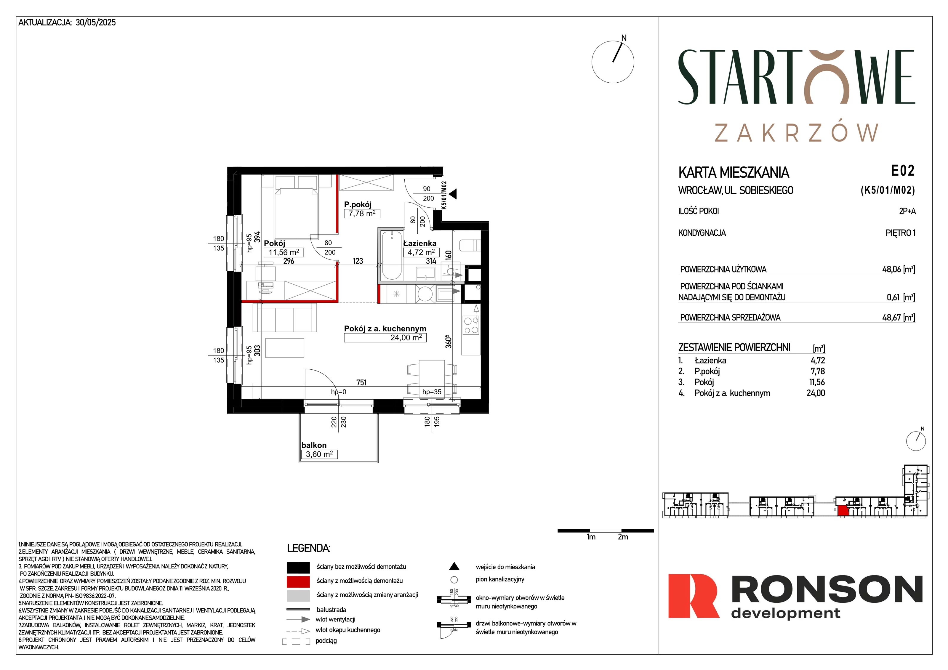 2 pokoje, mieszkanie 48,67 m², piętro 1, oferta nr E02, Osiedle Startowe, Wrocław, Psie Pole-Zawidawie, Zakrzów, ul. Zatorska / al. Sobieskiego