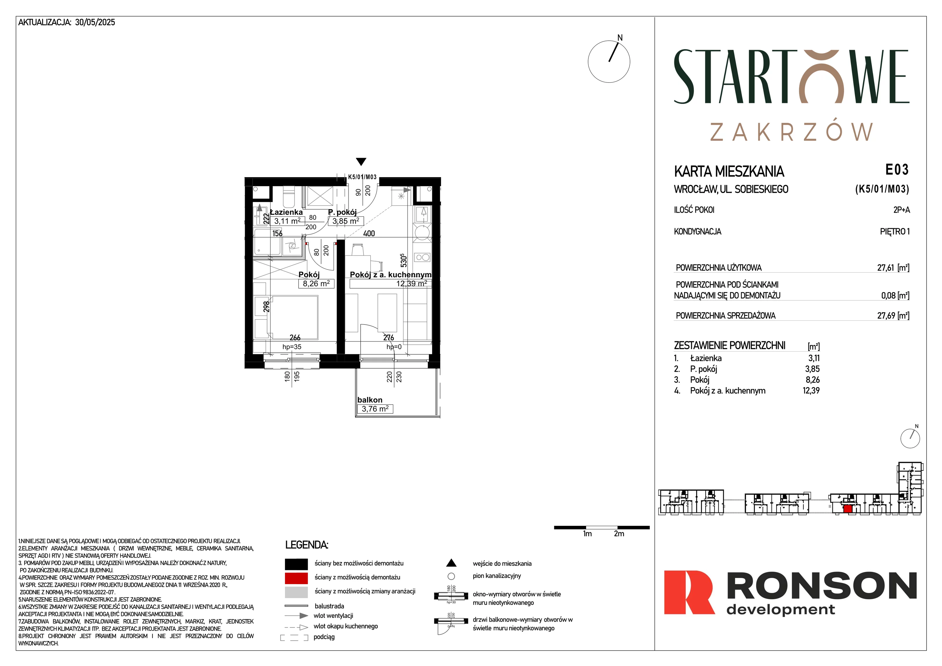 2 pokoje, mieszkanie 27,69 m², piętro 1, oferta nr E03, Osiedle Startowe, Wrocław, Psie Pole-Zawidawie, Zakrzów, ul. Zatorska / al. Sobieskiego