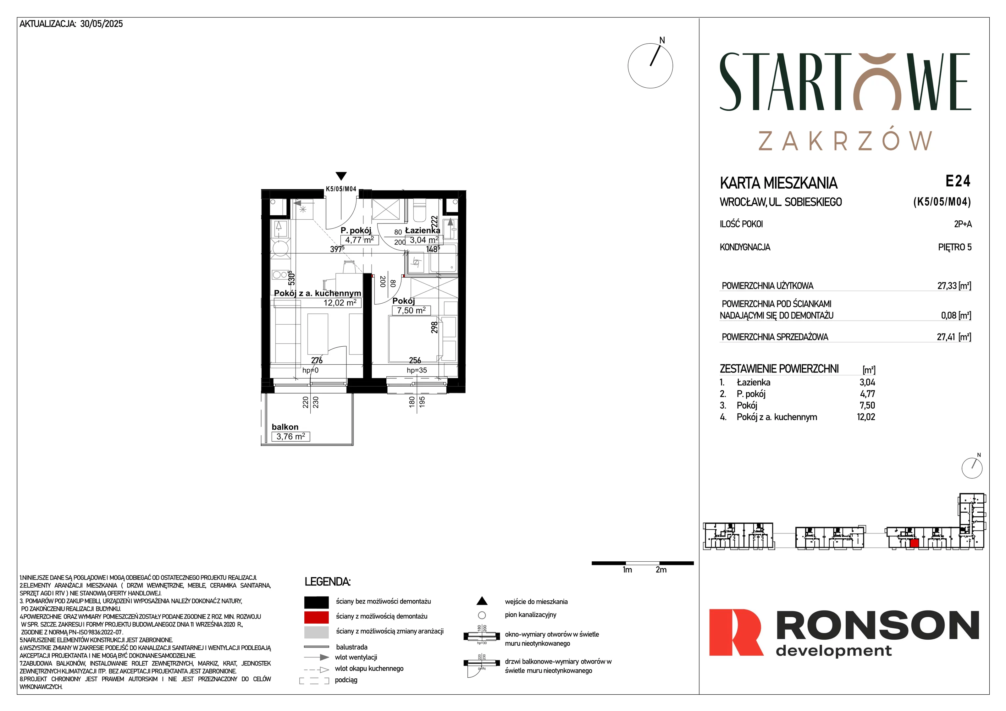 2 pokoje, mieszkanie 27,41 m², piętro 5, oferta nr E24, Osiedle Startowe, Wrocław, Psie Pole-Zawidawie, Zakrzów, ul. Zatorska / al. Sobieskiego