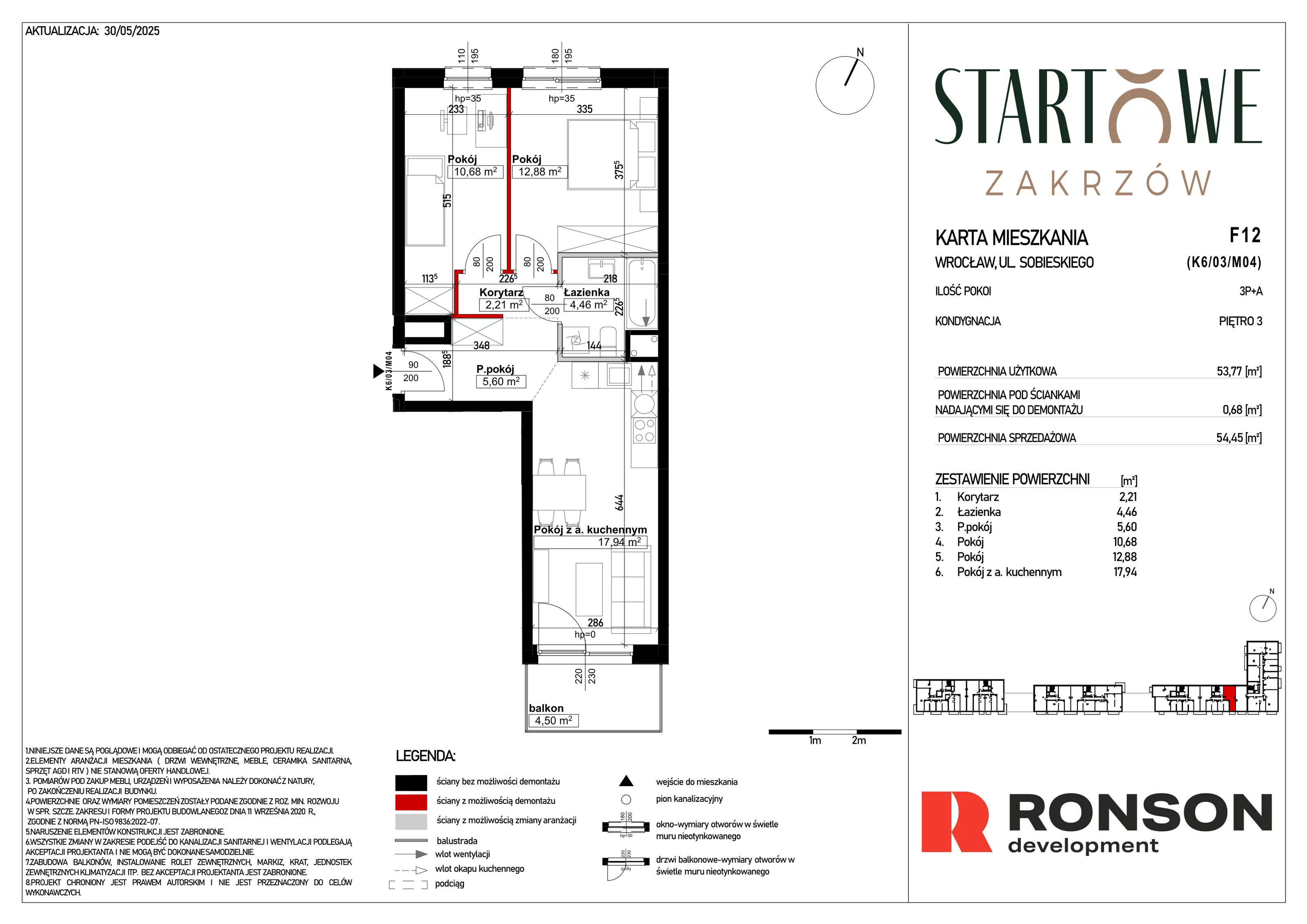 3 pokoje, mieszkanie 54,45 m², piętro 3, oferta nr F12, Osiedle Startowe, Wrocław, Psie Pole-Zawidawie, Zakrzów, ul. Zatorska / al. Sobieskiego