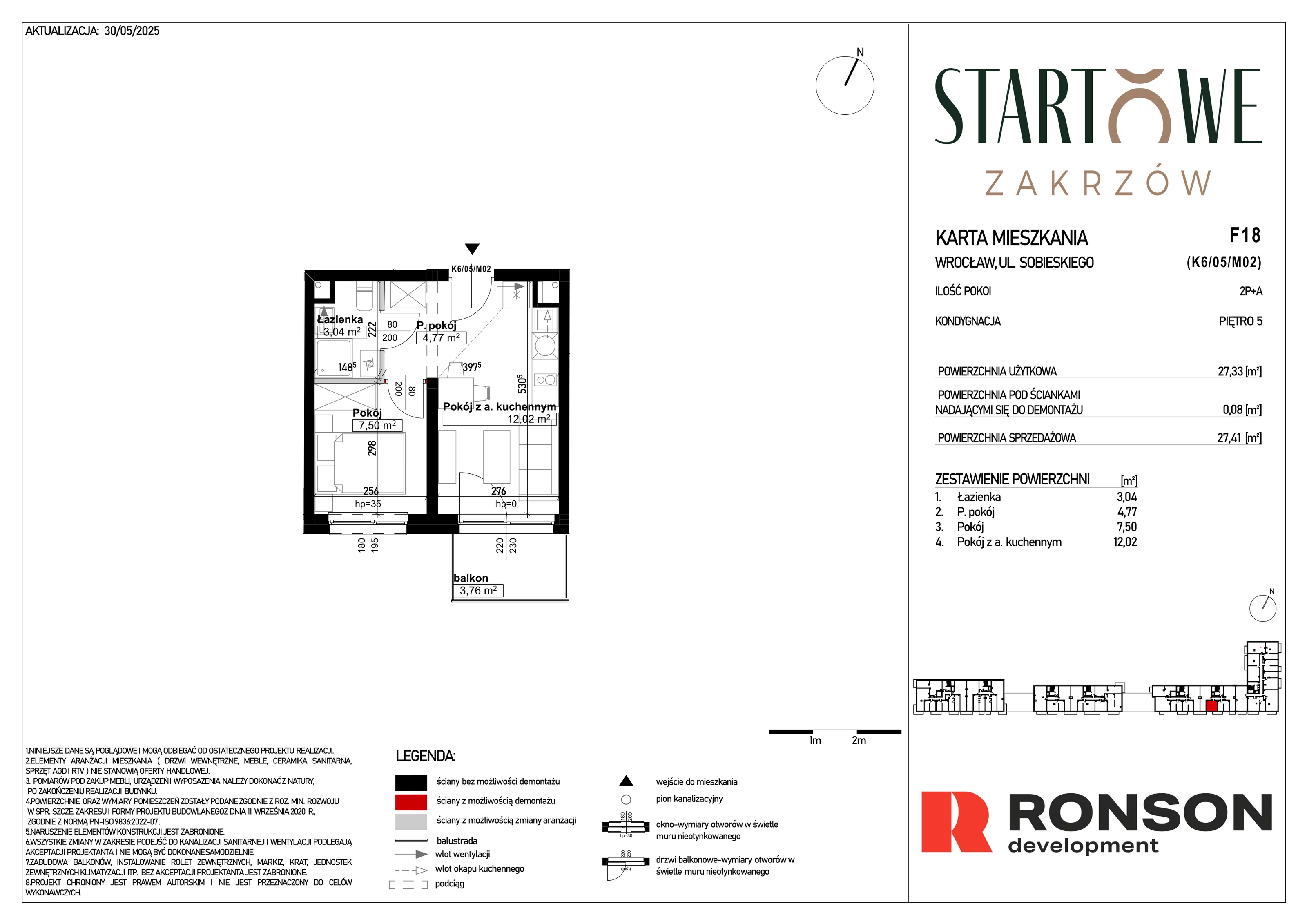 2 pokoje, mieszkanie 27,41 m², piętro 5, oferta nr F18, Osiedle Startowe, Wrocław, Psie Pole-Zawidawie, Zakrzów, ul. Zatorska / al. Sobieskiego