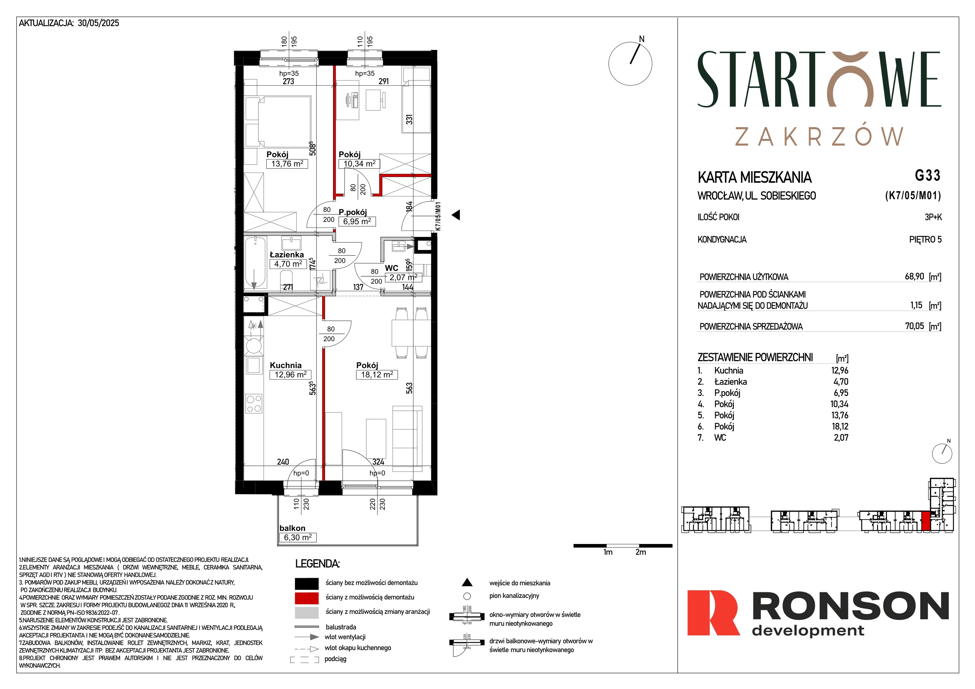 3 pokoje, mieszkanie 70,05 m², piętro 5, oferta nr G33, Osiedle Startowe, Wrocław, Psie Pole-Zawidawie, Zakrzów, ul. Zatorska / al. Sobieskiego
