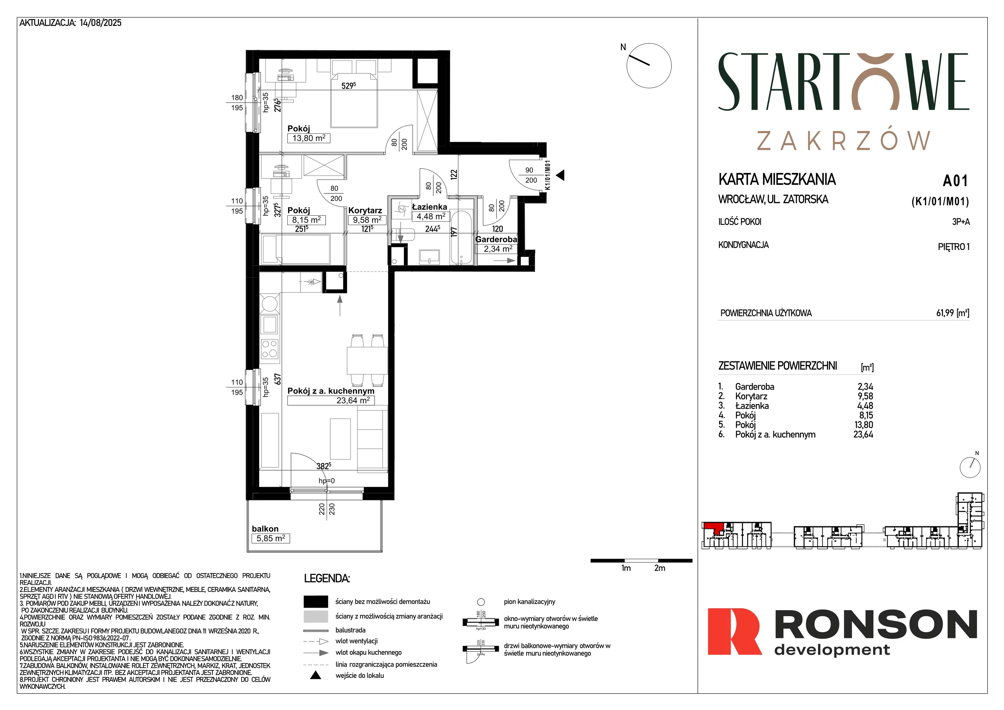 3 pokoje, mieszkanie 61,99 m², piętro 1, oferta nr A01, Osiedle Startowe, Wrocław, Psie Pole-Zawidawie, Zakrzów, ul. Zatorska / al. Sobieskiego