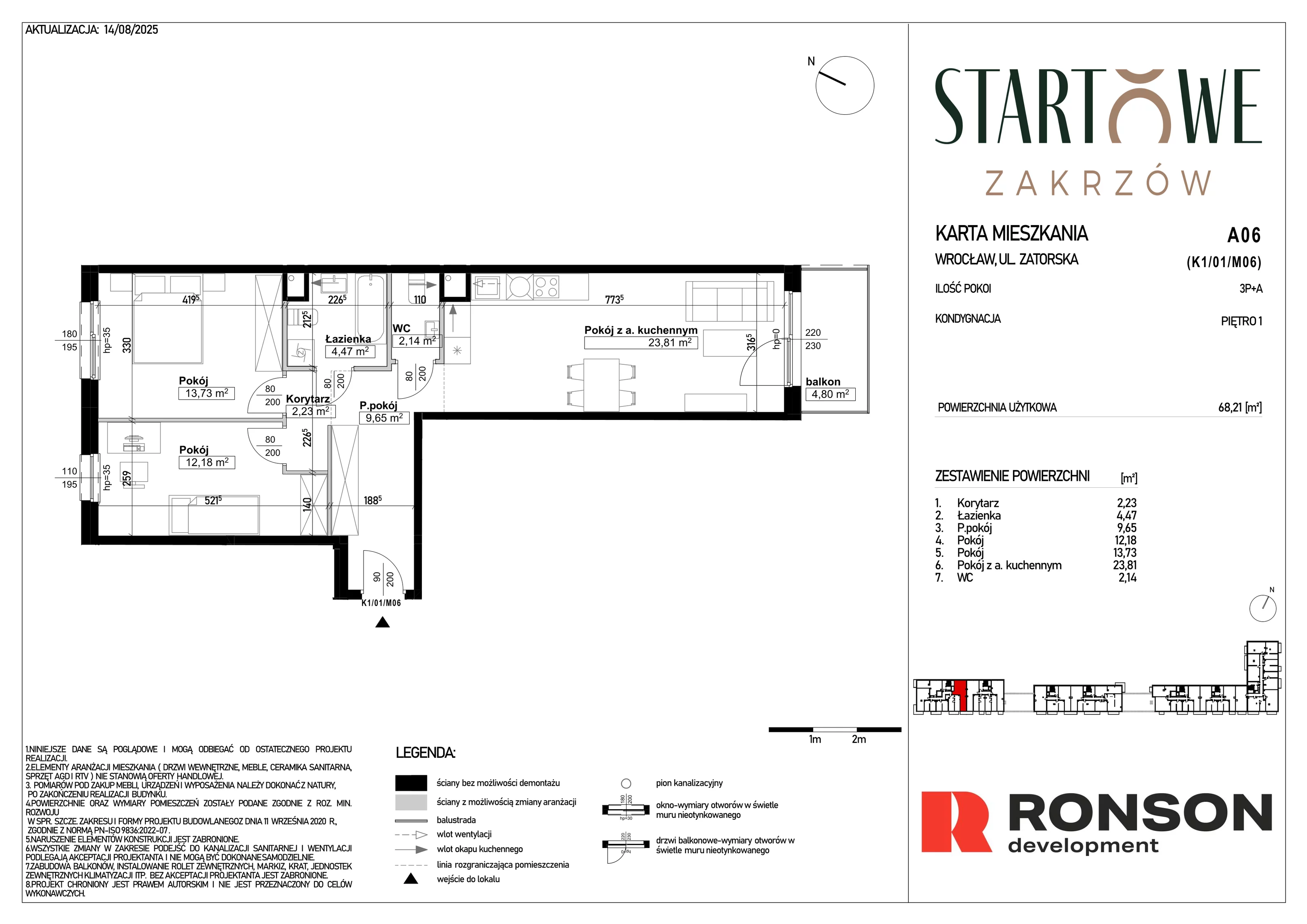 3 pokoje, mieszkanie 68,21 m², piętro 1, oferta nr A06, Osiedle Startowe, Wrocław, Psie Pole-Zawidawie, Zakrzów, ul. Zatorska / al. Sobieskiego