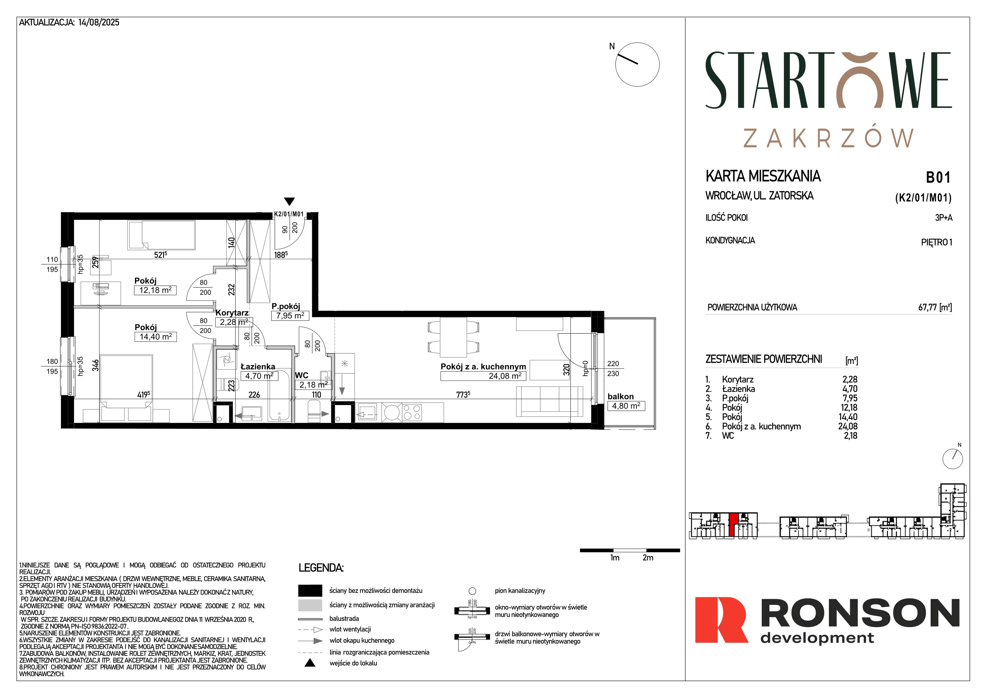 3 pokoje, mieszkanie 67,77 m², piętro 1, oferta nr B01, Osiedle Startowe, Wrocław, Psie Pole-Zawidawie, Zakrzów, ul. Zatorska / al. Sobieskiego