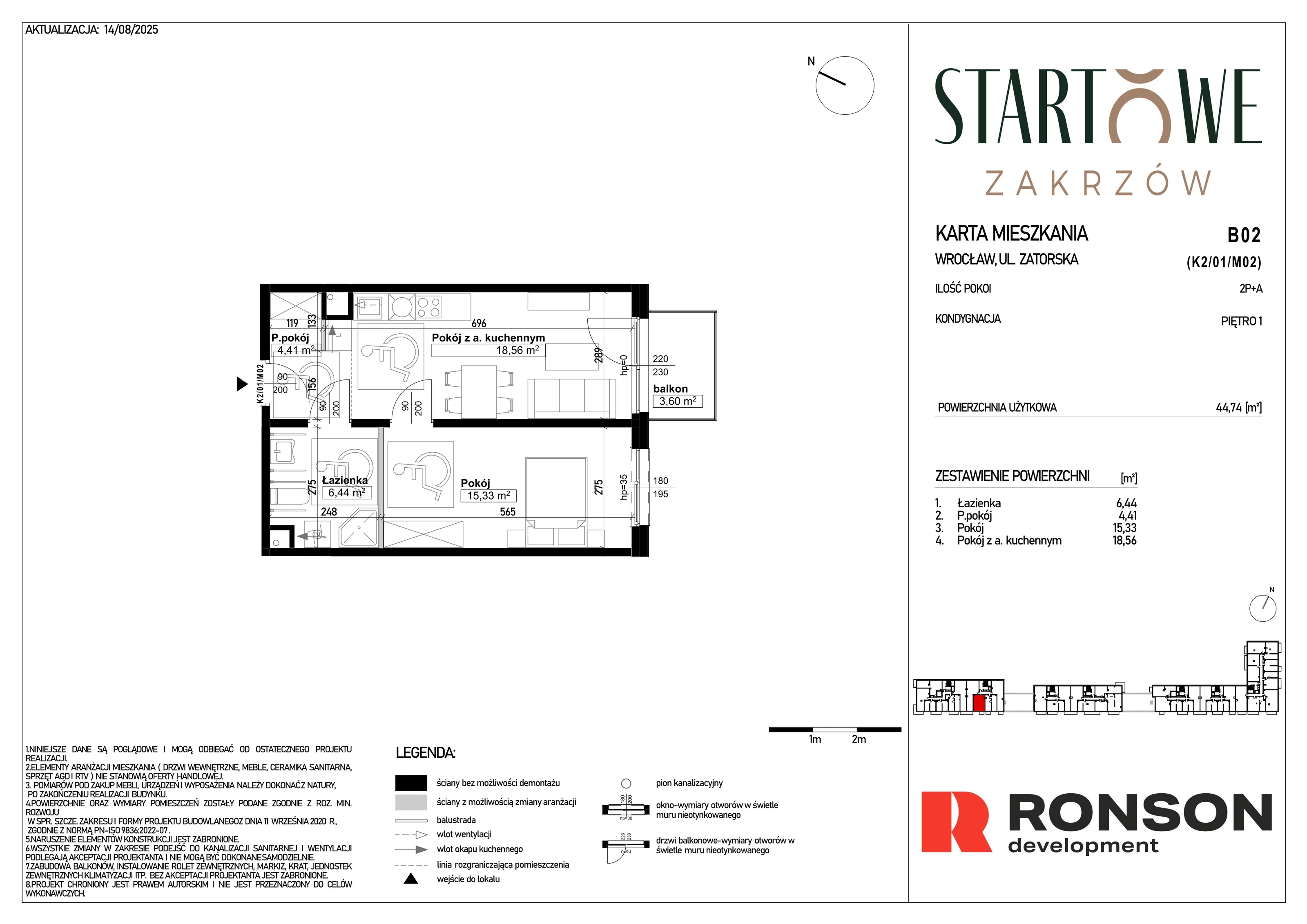 2 pokoje, mieszkanie 44,74 m², piętro 1, oferta nr B02, Osiedle Startowe, Wrocław, Psie Pole-Zawidawie, Zakrzów, ul. Zatorska / al. Sobieskiego