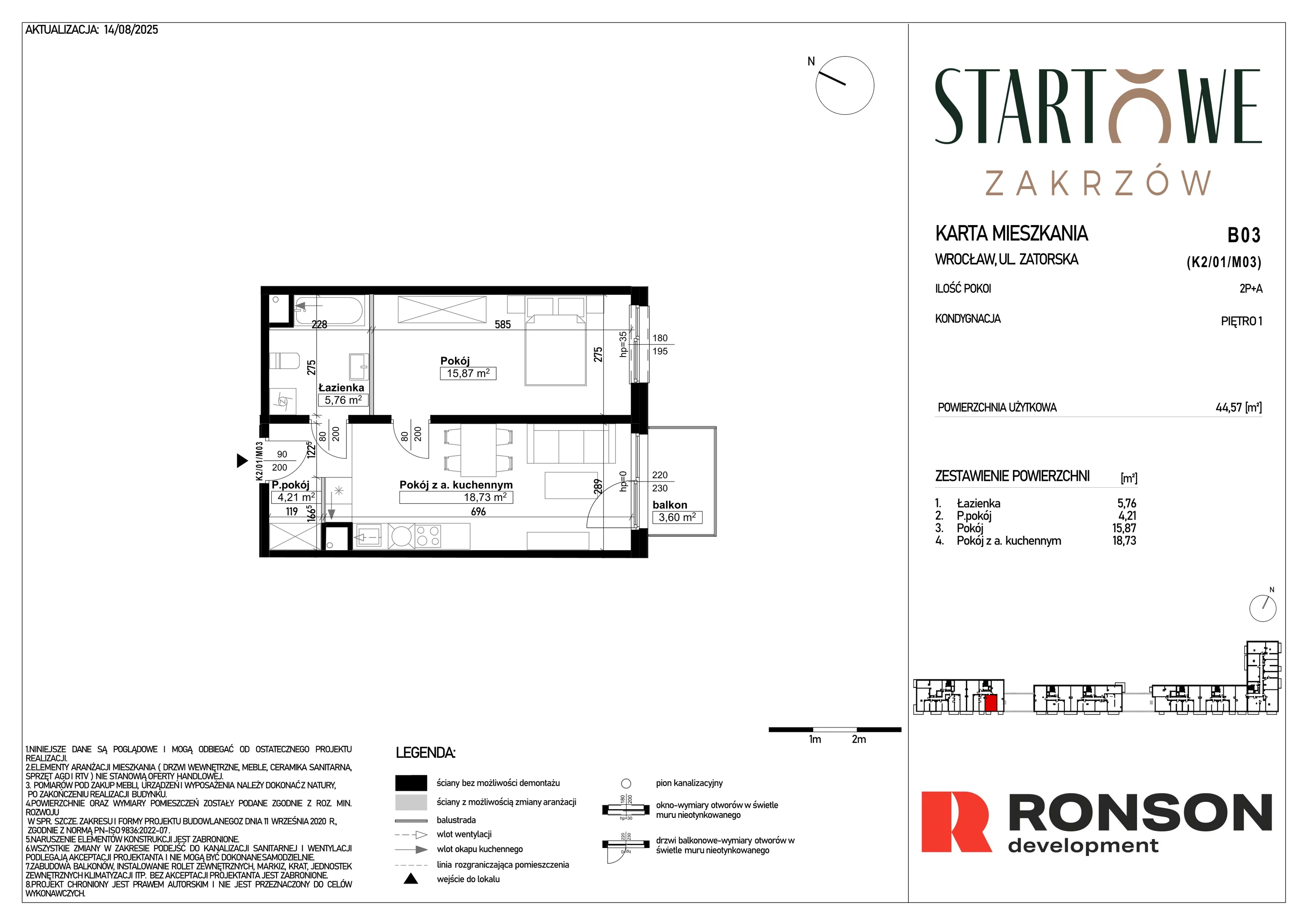 2 pokoje, mieszkanie 44,57 m², piętro 1, oferta nr B03, Osiedle Startowe, Wrocław, Psie Pole-Zawidawie, Zakrzów, ul. Zatorska / al. Sobieskiego