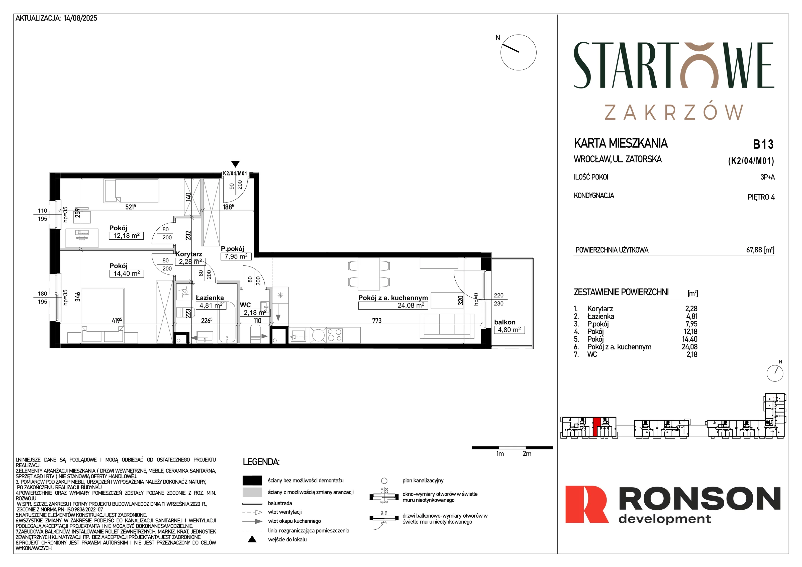 3 pokoje, mieszkanie 67,88 m², piętro 4, oferta nr B13, Osiedle Startowe, Wrocław, Psie Pole-Zawidawie, Zakrzów, ul. Zatorska / al. Sobieskiego