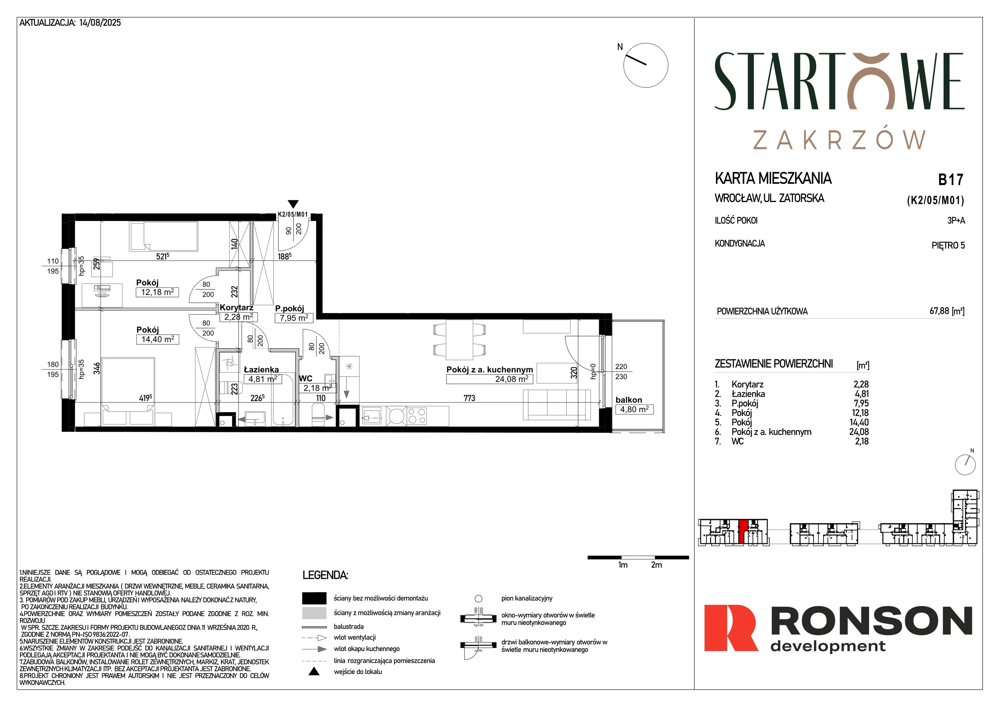 3 pokoje, mieszkanie 67,88 m², piętro 5, oferta nr B17, Osiedle Startowe, Wrocław, Psie Pole-Zawidawie, Zakrzów, ul. Zatorska / al. Sobieskiego