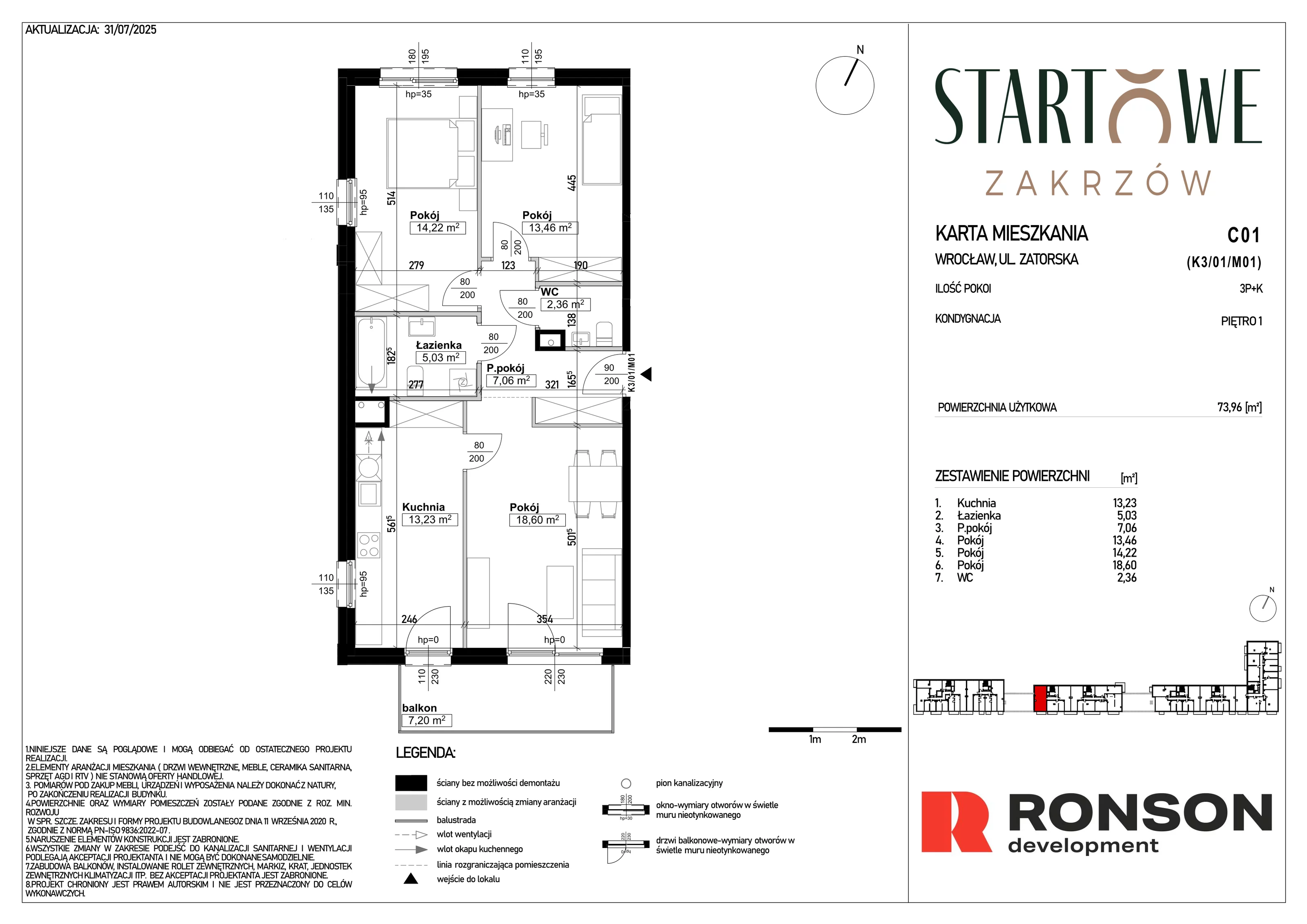 3 pokoje, mieszkanie 73,96 m², piętro 1, oferta nr C01, Osiedle Startowe, Wrocław, Psie Pole-Zawidawie, Zakrzów, ul. Zatorska / al. Sobieskiego