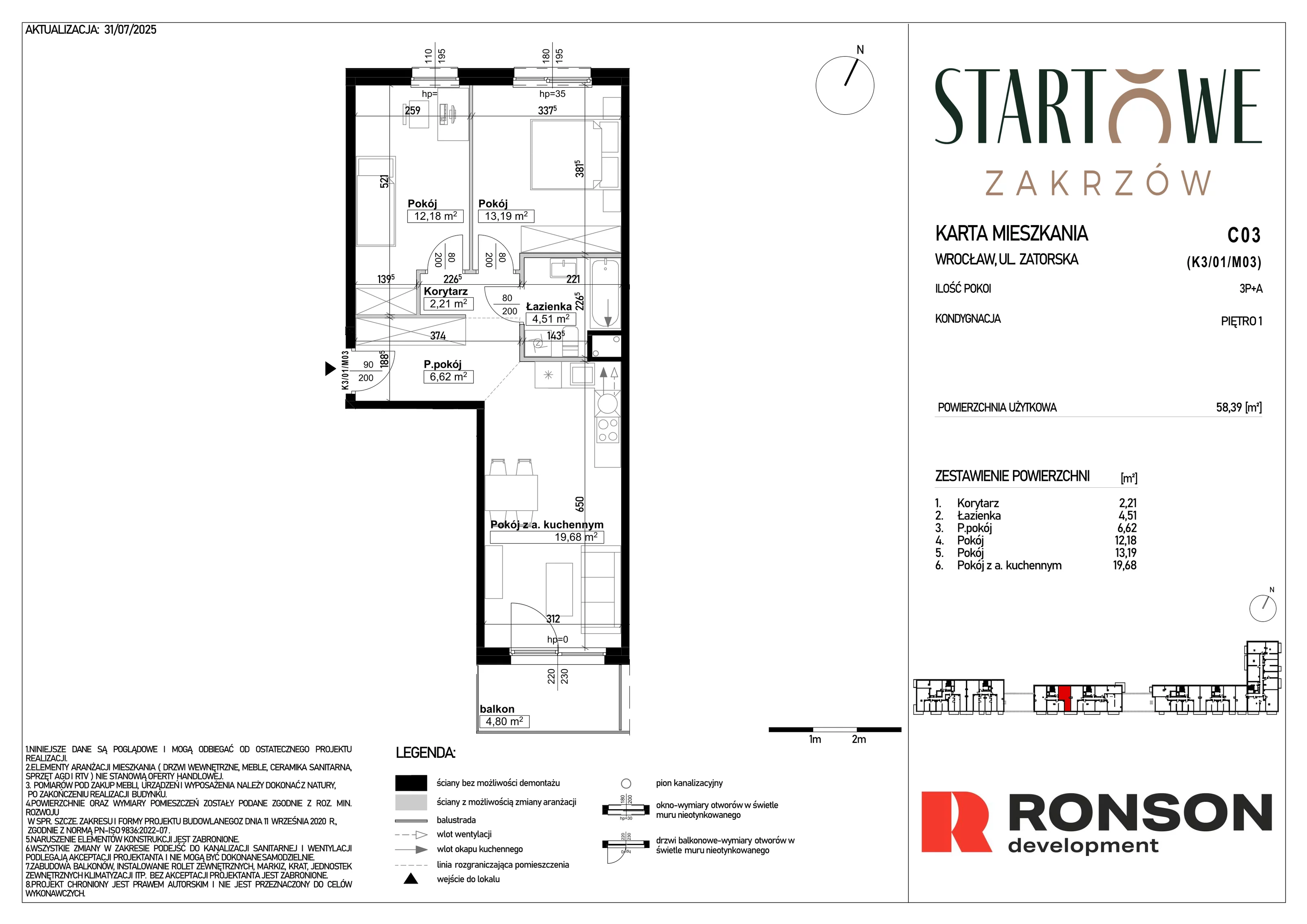 3 pokoje, mieszkanie 58,39 m², piętro 1, oferta nr C03, Osiedle Startowe, Wrocław, Psie Pole-Zawidawie, Zakrzów, ul. Zatorska / al. Sobieskiego