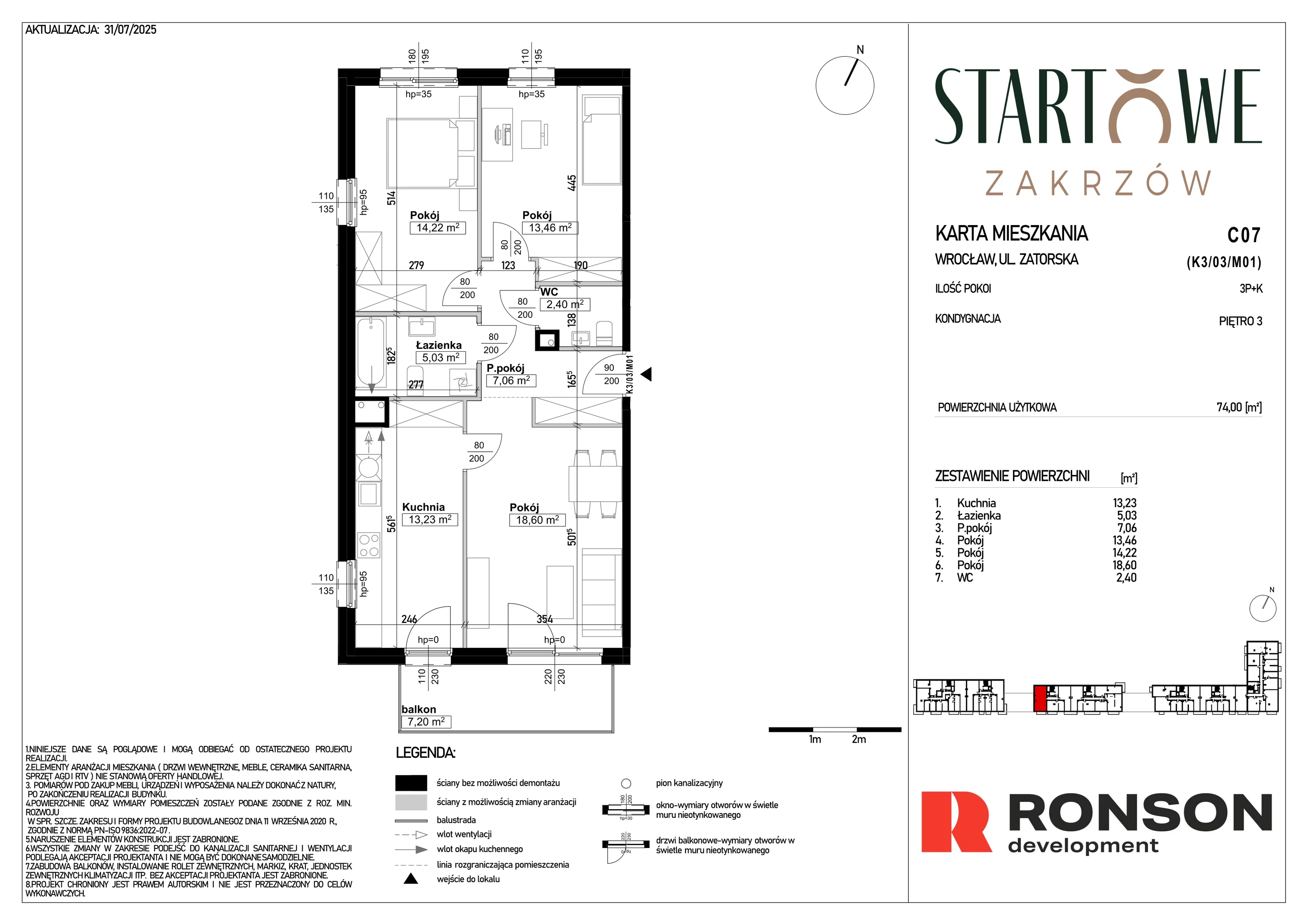3 pokoje, mieszkanie 74,00 m², piętro 3, oferta nr C07, Osiedle Startowe, Wrocław, Psie Pole-Zawidawie, Zakrzów, ul. Zatorska / al. Sobieskiego