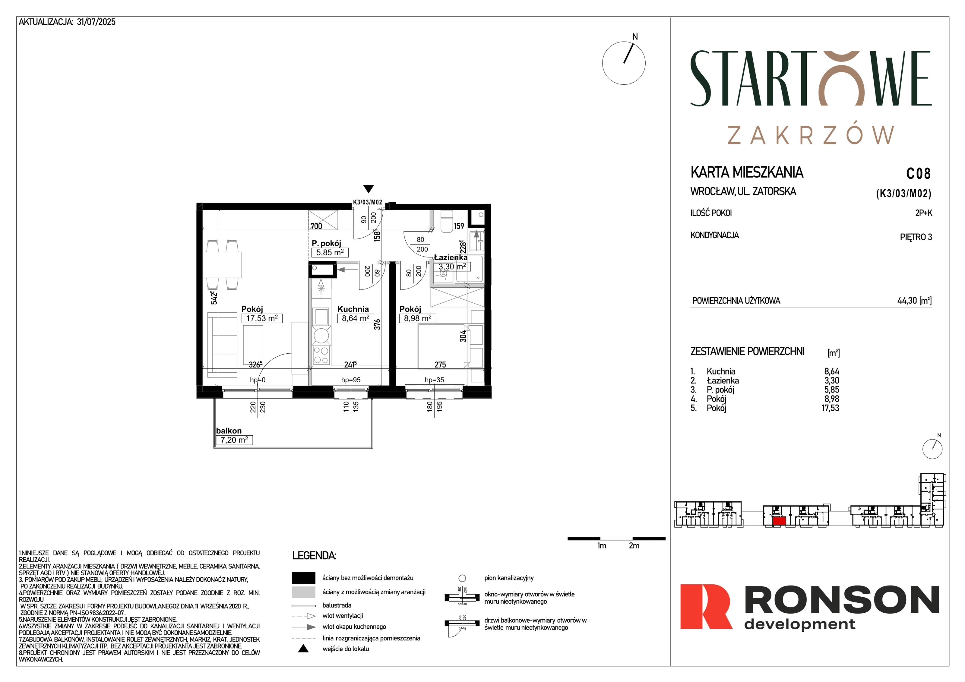 2 pokoje, mieszkanie 44,30 m², piętro 3, oferta nr C08, Osiedle Startowe, Wrocław, Psie Pole-Zawidawie, Zakrzów, ul. Zatorska / al. Sobieskiego
