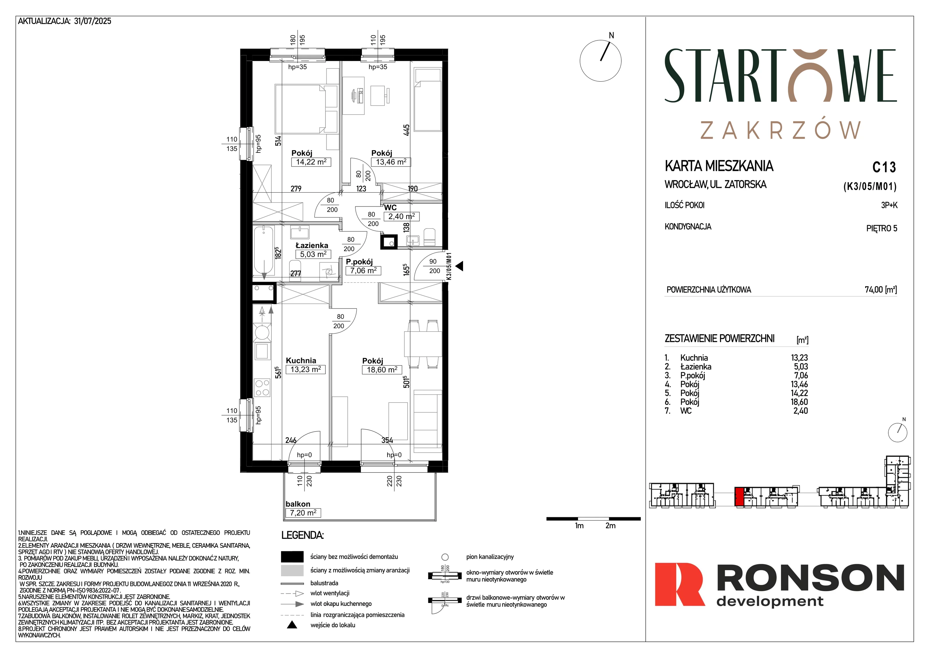 3 pokoje, mieszkanie 74,00 m², piętro 5, oferta nr C13, Osiedle Startowe, Wrocław, Psie Pole-Zawidawie, Zakrzów, ul. Zatorska / al. Sobieskiego