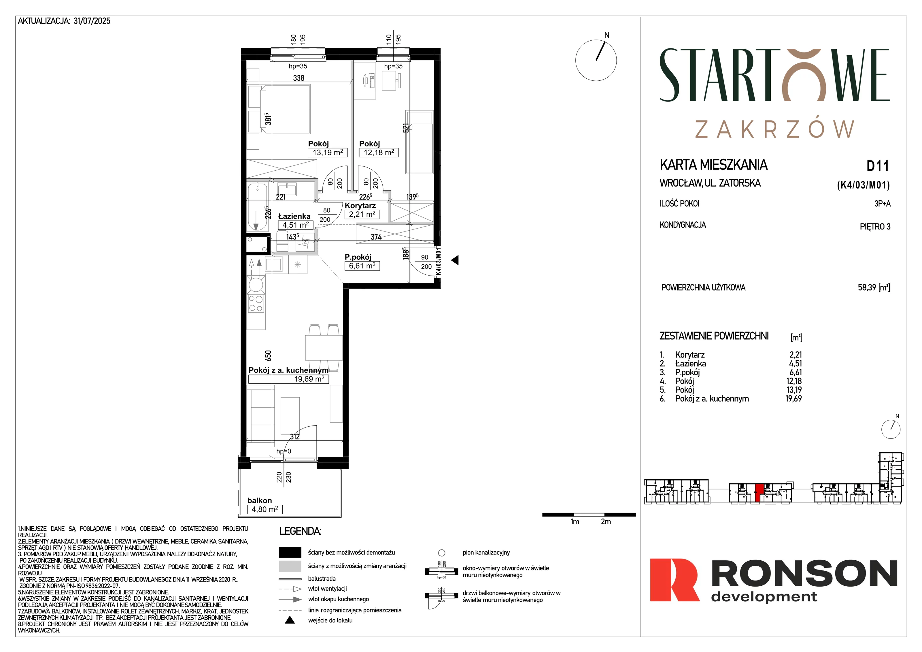 3 pokoje, mieszkanie 58,39 m², piętro 3, oferta nr D11, Osiedle Startowe, Wrocław, Psie Pole-Zawidawie, Zakrzów, ul. Zatorska / al. Sobieskiego