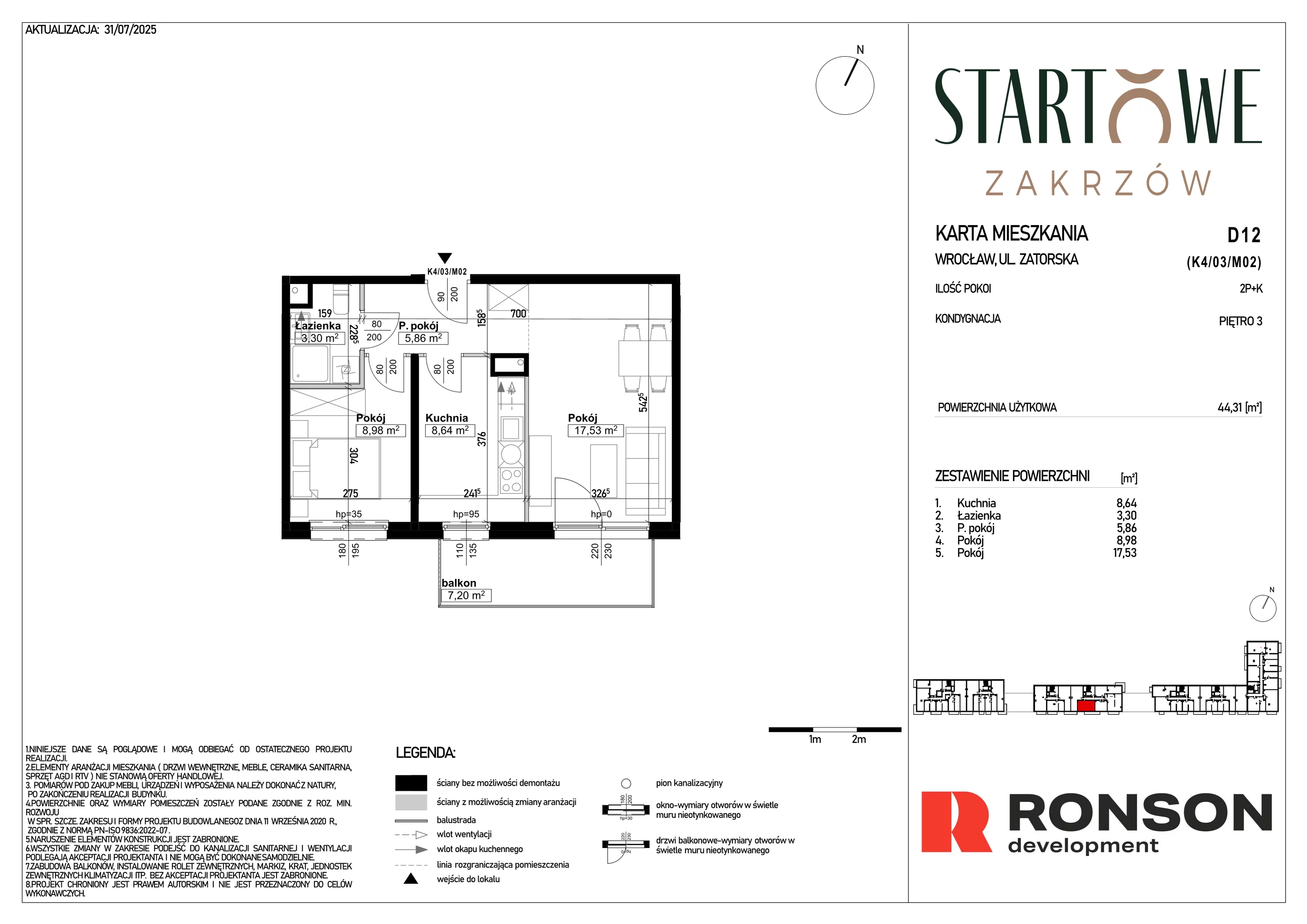 2 pokoje, mieszkanie 44,31 m², piętro 3, oferta nr D12, Osiedle Startowe, Wrocław, Psie Pole-Zawidawie, Zakrzów, ul. Zatorska / al. Sobieskiego