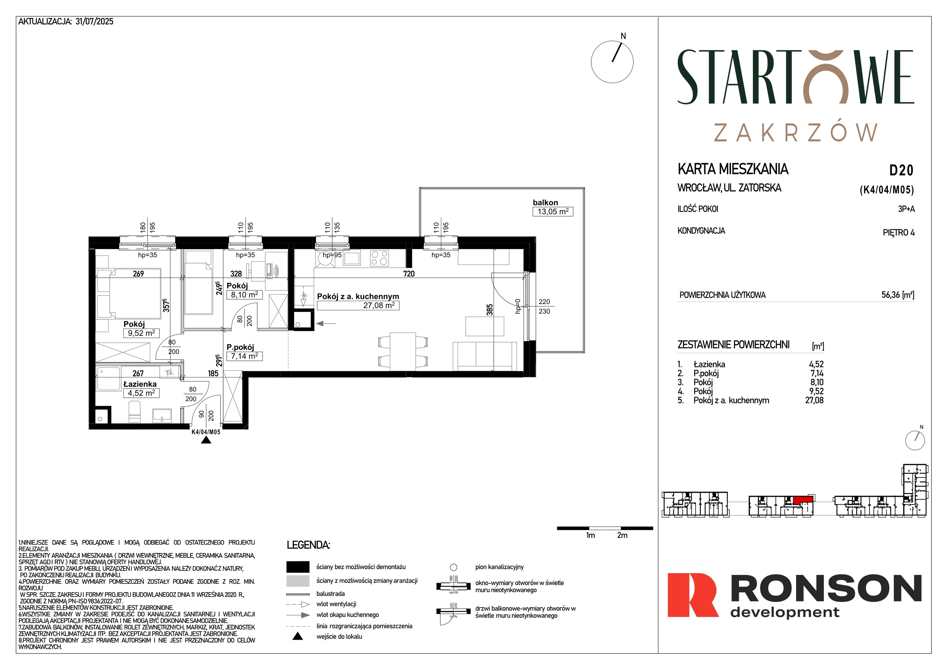 3 pokoje, mieszkanie 56,36 m², piętro 4, oferta nr D20, Osiedle Startowe, Wrocław, Psie Pole-Zawidawie, Zakrzów, ul. Zatorska / al. Sobieskiego
