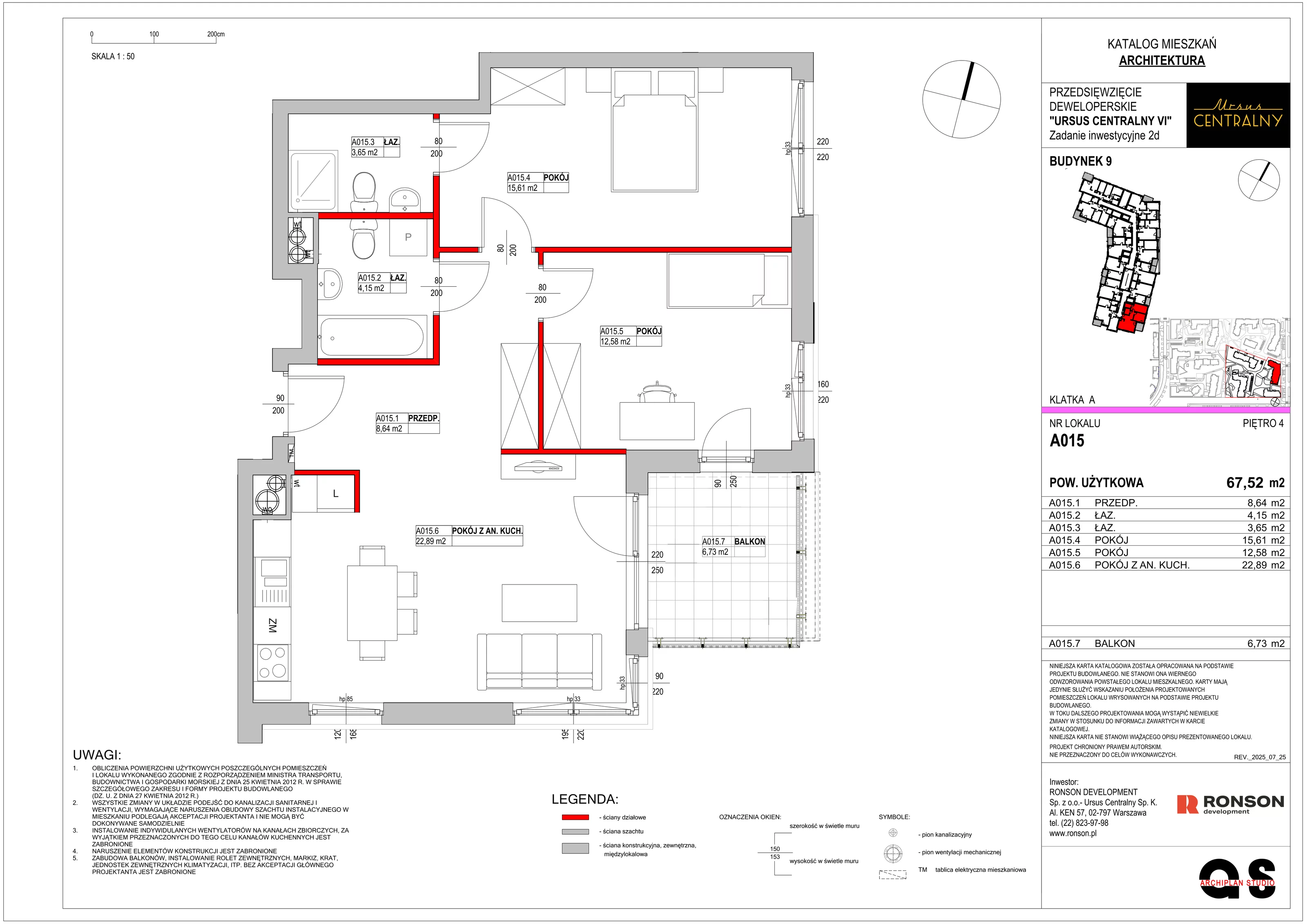 3 pokoje, mieszkanie 68,52 m², piętro 4, oferta nr 9A015, Ursus Centralny, Warszawa, Ursus, Szamoty, ul. Kazimierza Gierdziejewskiego