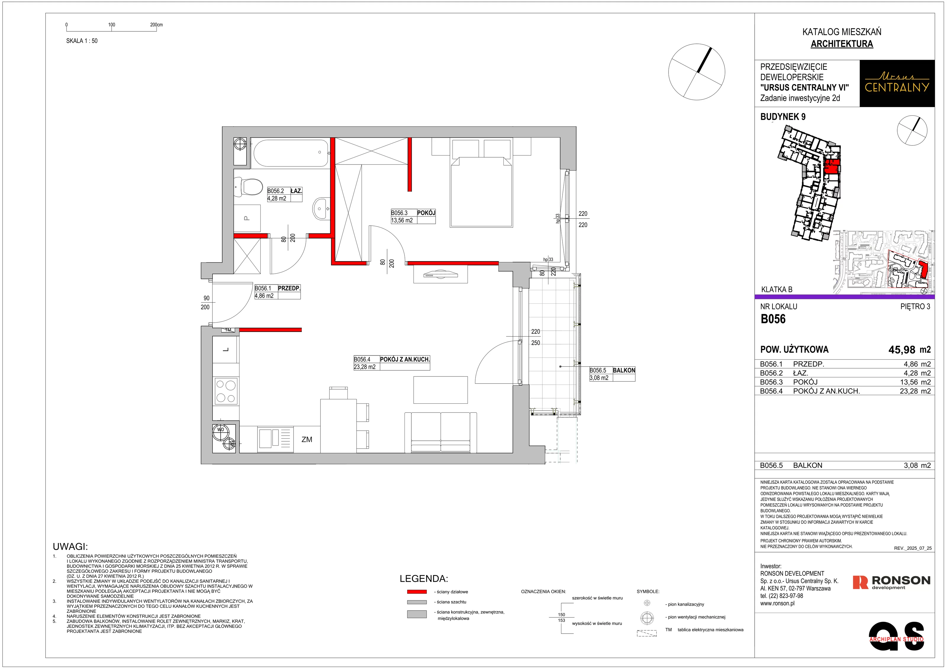 2 pokoje, mieszkanie 46,53 m², piętro 3, oferta nr 9B056, Ursus Centralny, Warszawa, Ursus, Szamoty, ul. Kazimierza Gierdziejewskiego