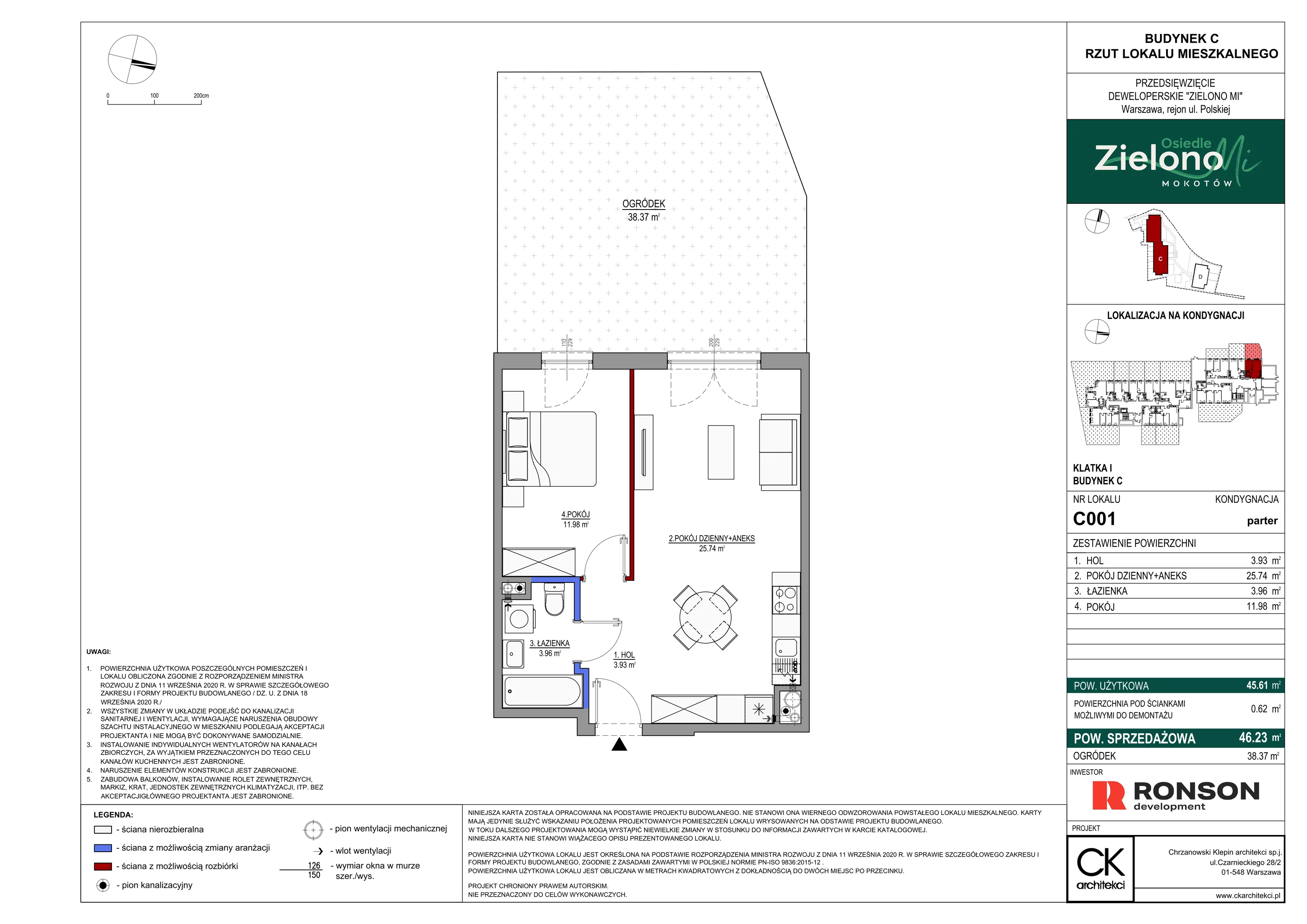 2 pokoje, mieszkanie 46,23 m², parter, oferta nr C001, Zielono MI II, Warszawa, Mokotów, Siekierki, ul. Polska 10