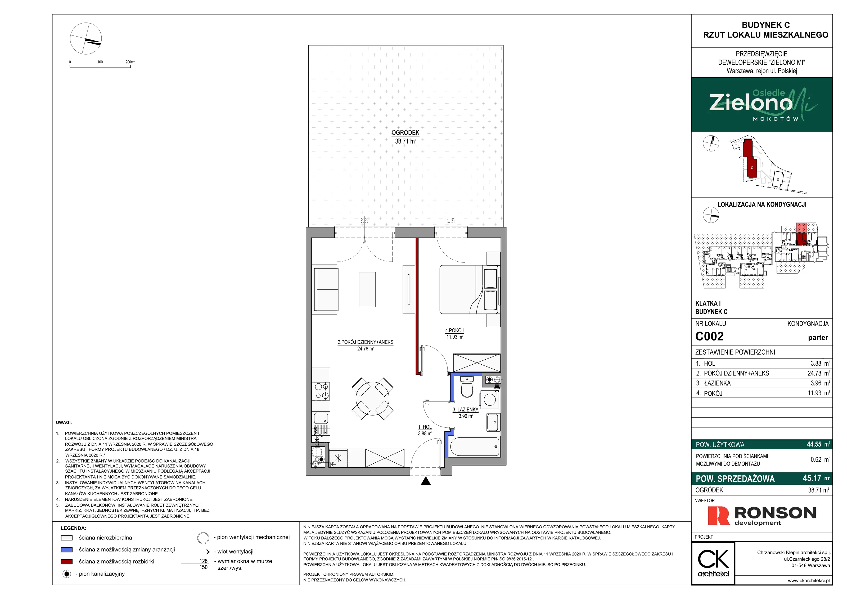 2 pokoje, mieszkanie 45,17 m², parter, oferta nr C002, Zielono MI II, Warszawa, Mokotów, Siekierki, ul. Polska 10