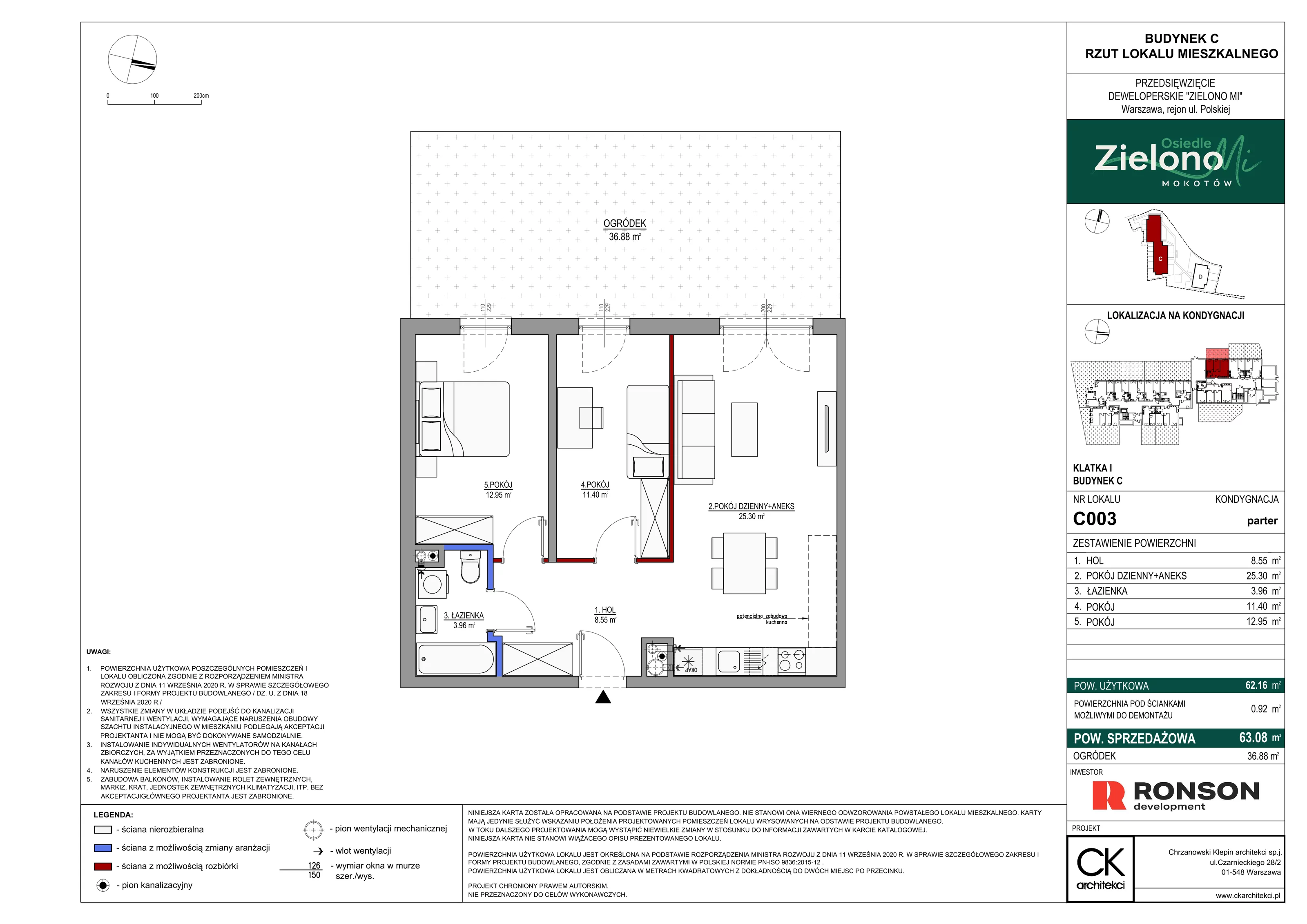 3 pokoje, mieszkanie 63,08 m², parter, oferta nr C003, Zielono MI II, Warszawa, Mokotów, Siekierki, ul. Polska 10