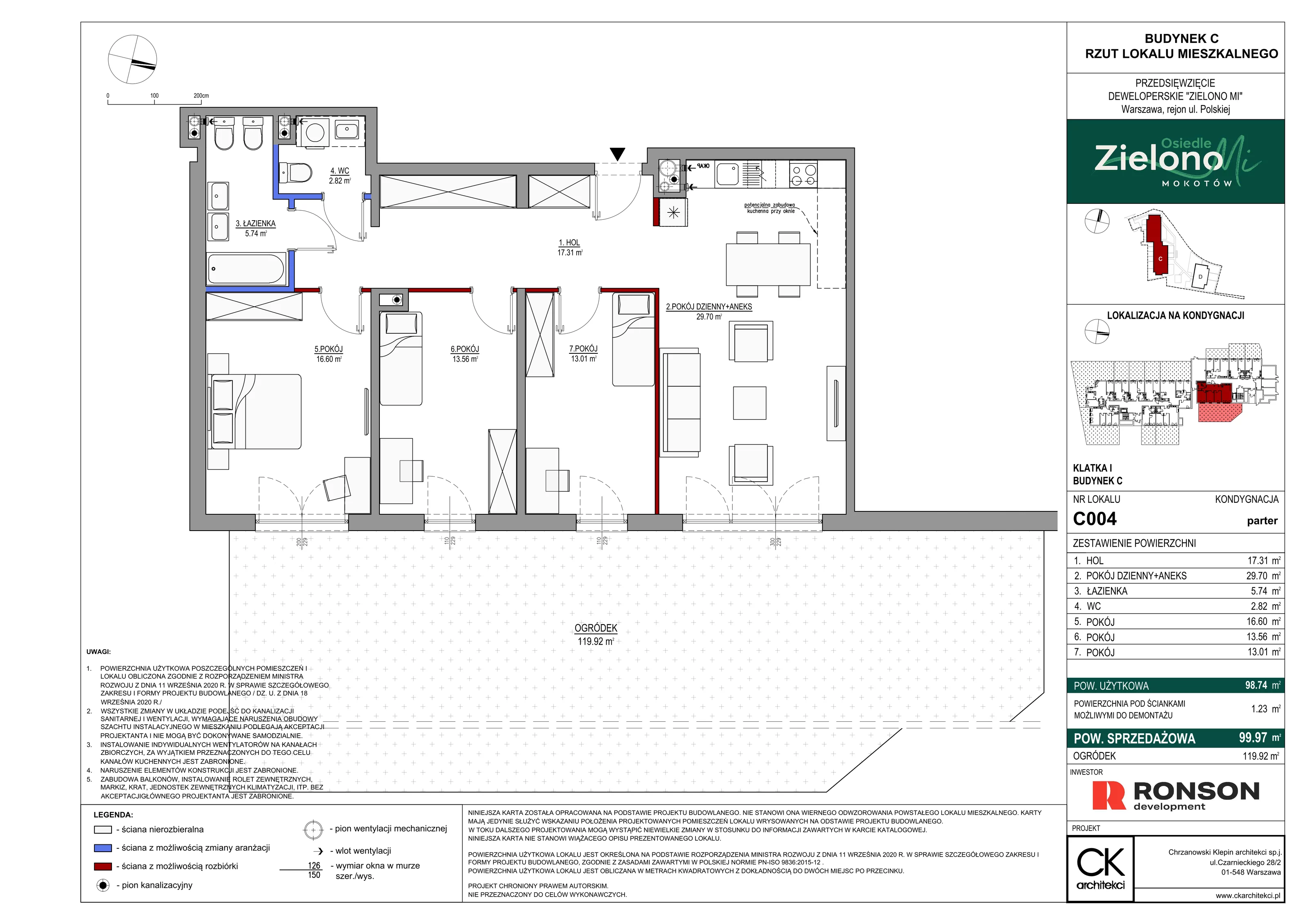 4 pokoje, mieszkanie 99,97 m², parter, oferta nr C004, Zielono Mi II, Warszawa, Mokotów, Siekierki, ul. Polska 10