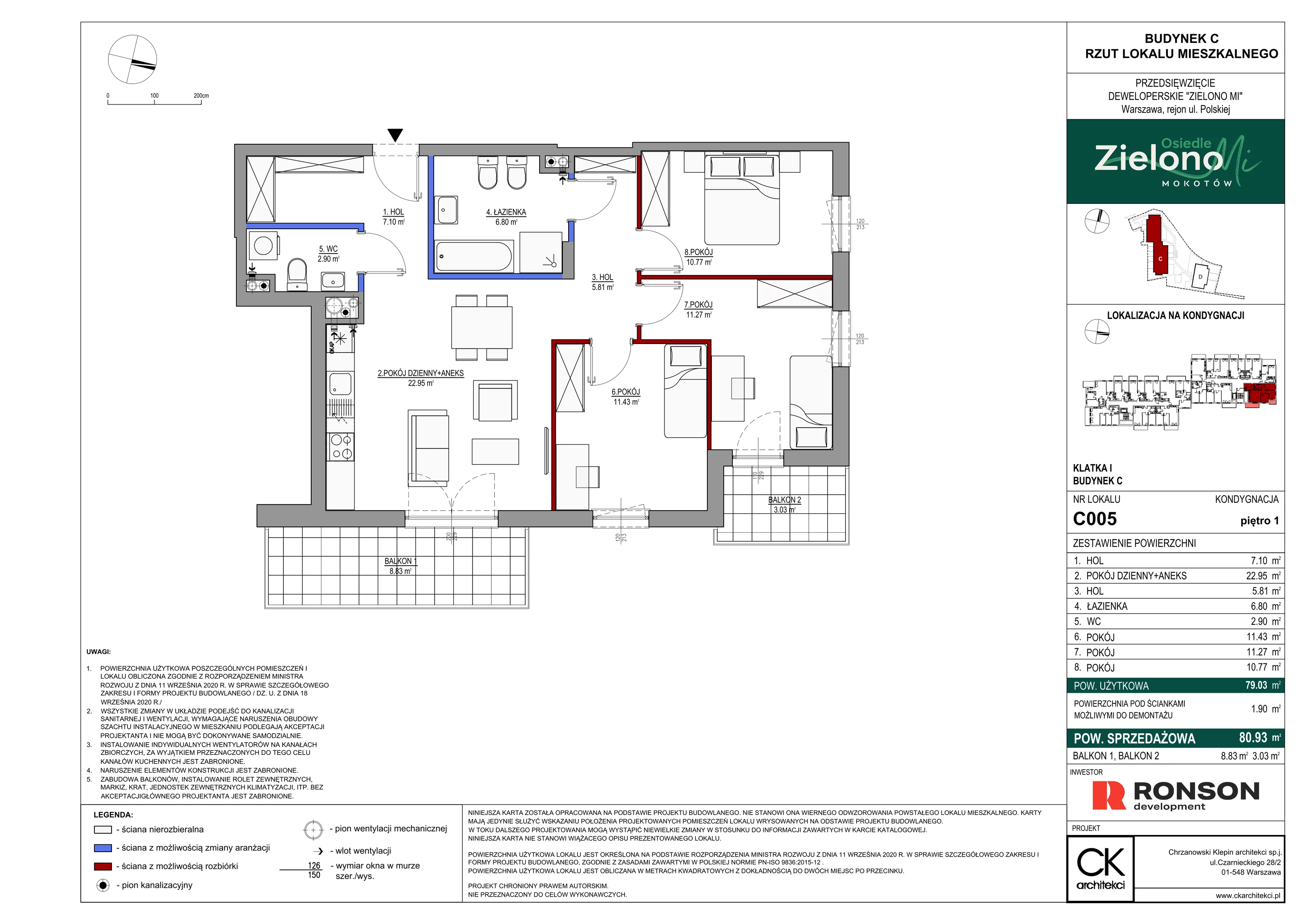4 pokoje, mieszkanie 80,93 m², piętro 1, oferta nr C005, Zielono Mi II, Warszawa, Mokotów, Siekierki, ul. Polska 10