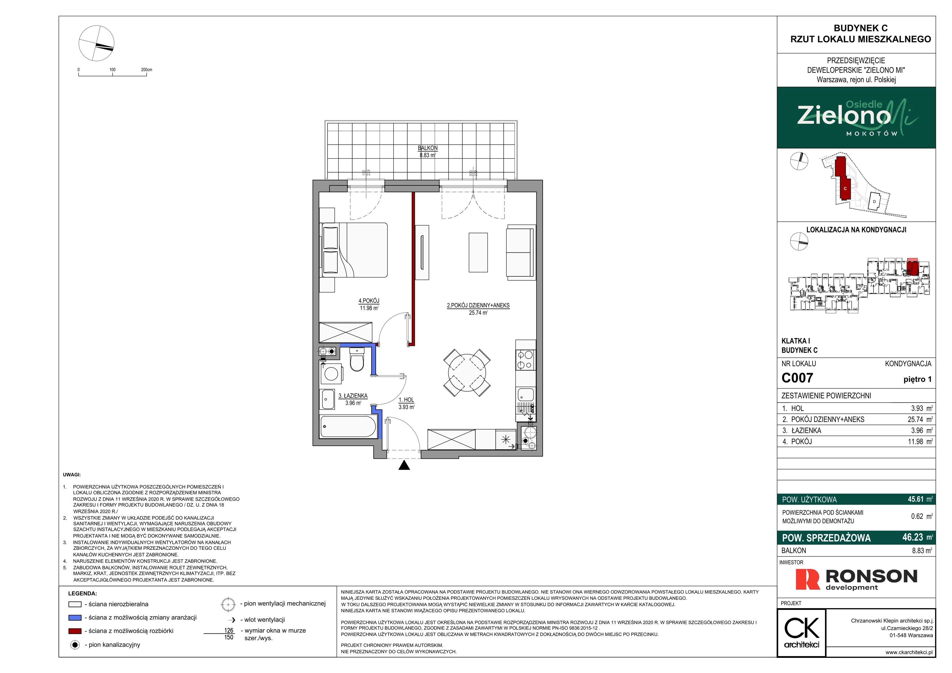 2 pokoje, mieszkanie 46,23 m², piętro 1, oferta nr C007, Zielono Mi II, Warszawa, Mokotów, Siekierki, ul. Polska 10