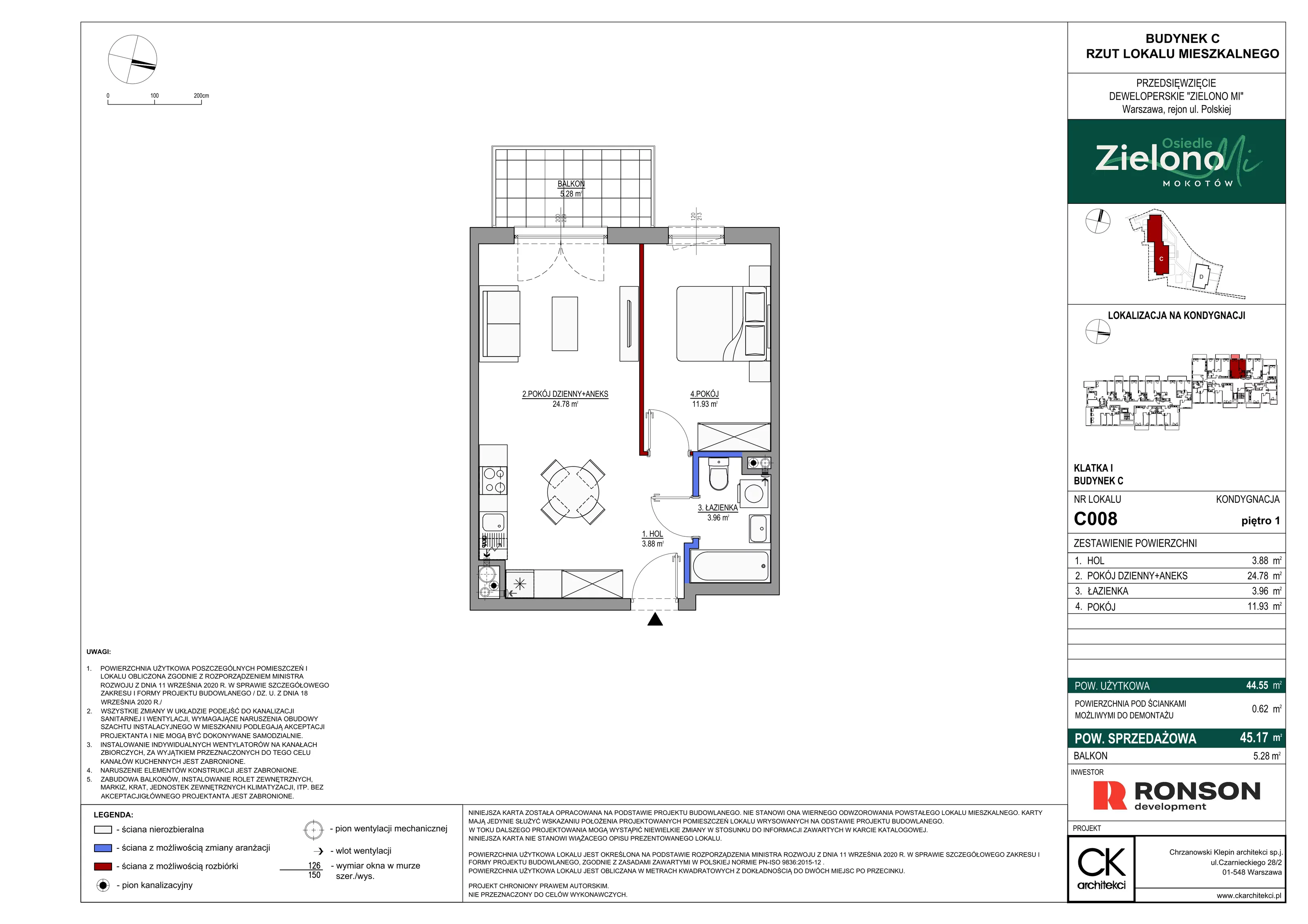 2 pokoje, mieszkanie 45,17 m², piętro 1, oferta nr C008, Zielono MI II, Warszawa, Mokotów, Siekierki, ul. Polska 10