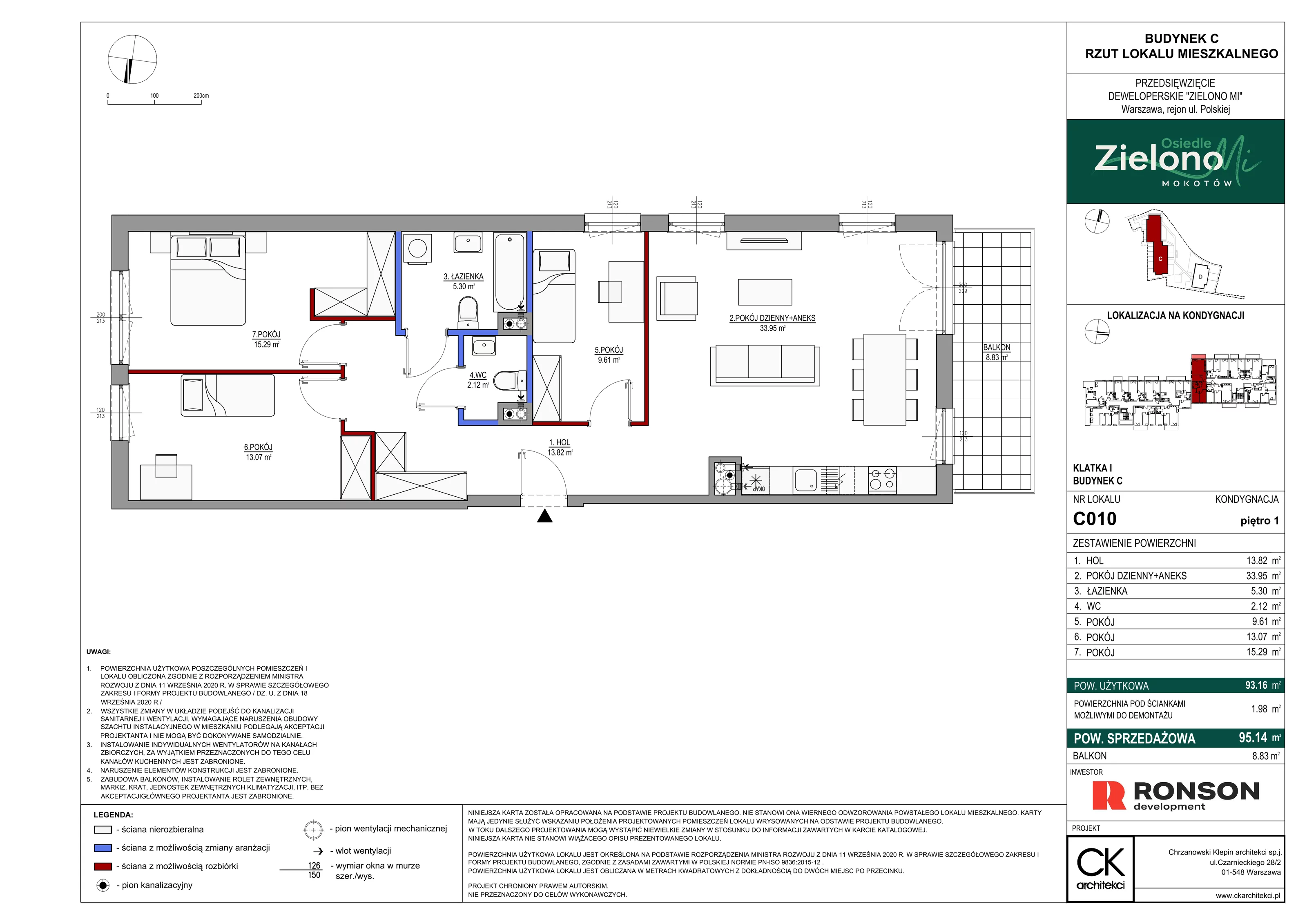 4 pokoje, mieszkanie 95,14 m², piętro 1, oferta nr C010, Zielono Mi II, Warszawa, Mokotów, Siekierki, ul. Polska 10