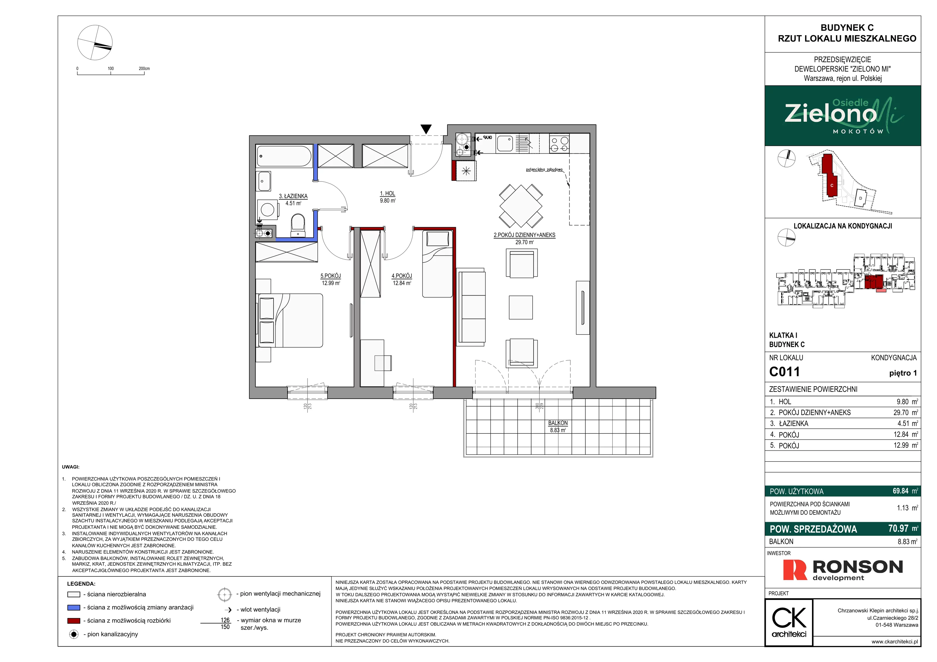 3 pokoje, mieszkanie 70,97 m², piętro 1, oferta nr C011, Zielono Mi II, Warszawa, Mokotów, Siekierki, ul. Polska 10