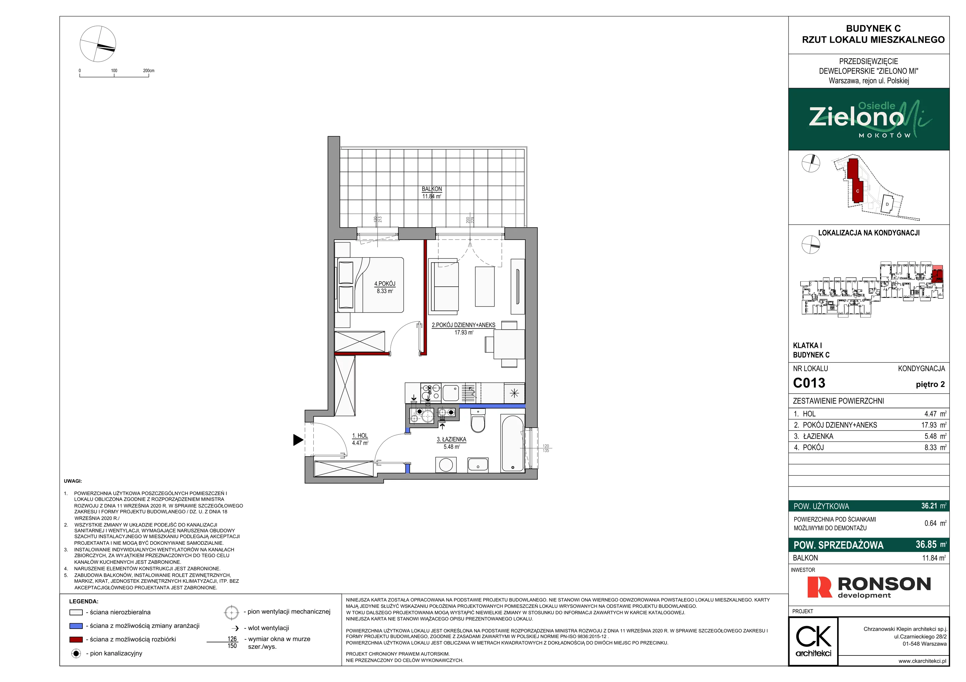 2 pokoje, mieszkanie 36,85 m², piętro 2, oferta nr C013, Zielono MI II, Warszawa, Mokotów, Siekierki, ul. Polska 10