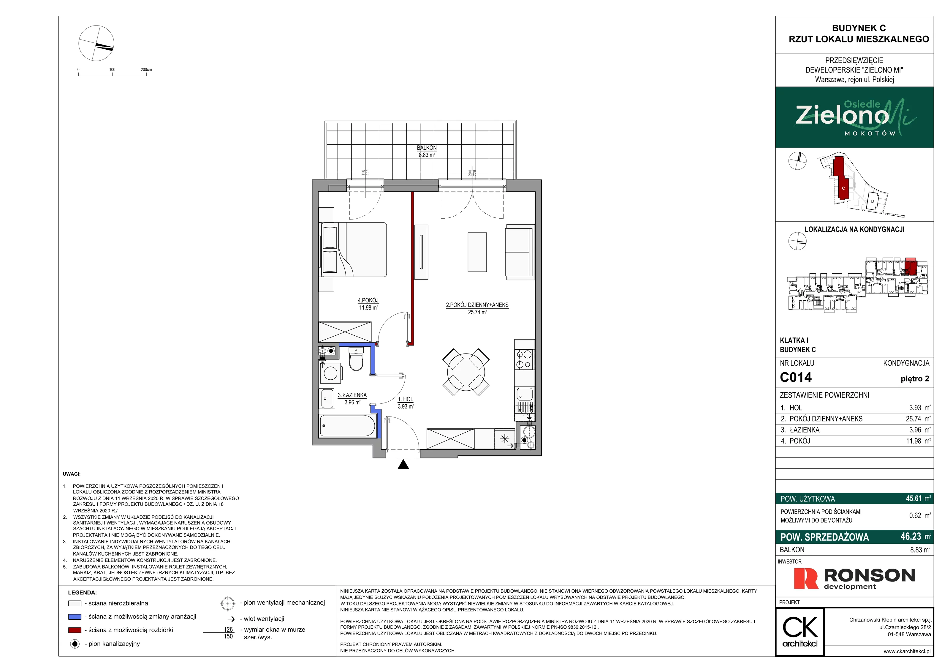 2 pokoje, mieszkanie 46,23 m², piętro 2, oferta nr C014, Zielono MI II, Warszawa, Mokotów, Siekierki, ul. Polska 10