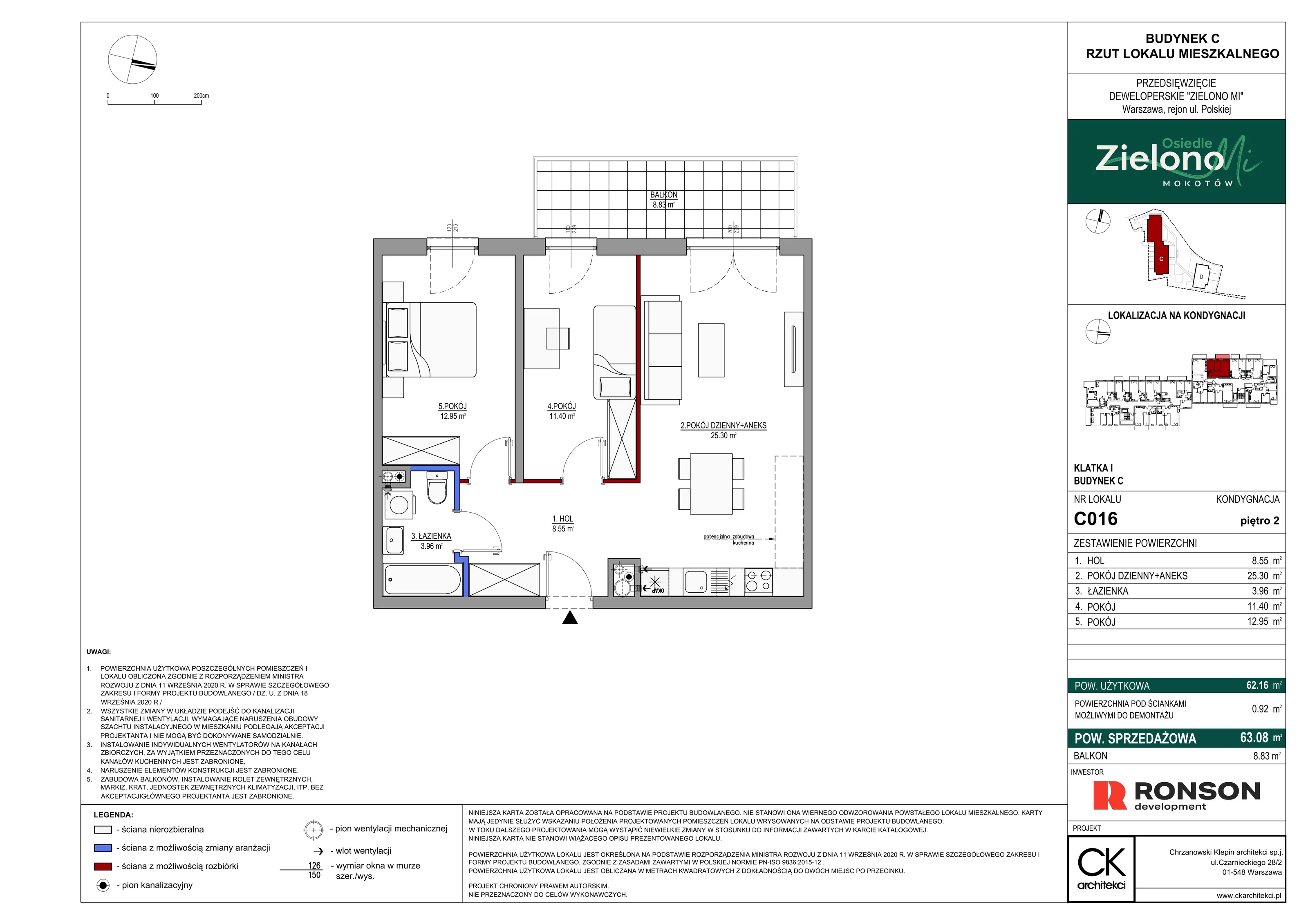 3 pokoje, mieszkanie 63,08 m², piętro 2, oferta nr C016, Zielono MI II, Warszawa, Mokotów, Siekierki, ul. Polska 10