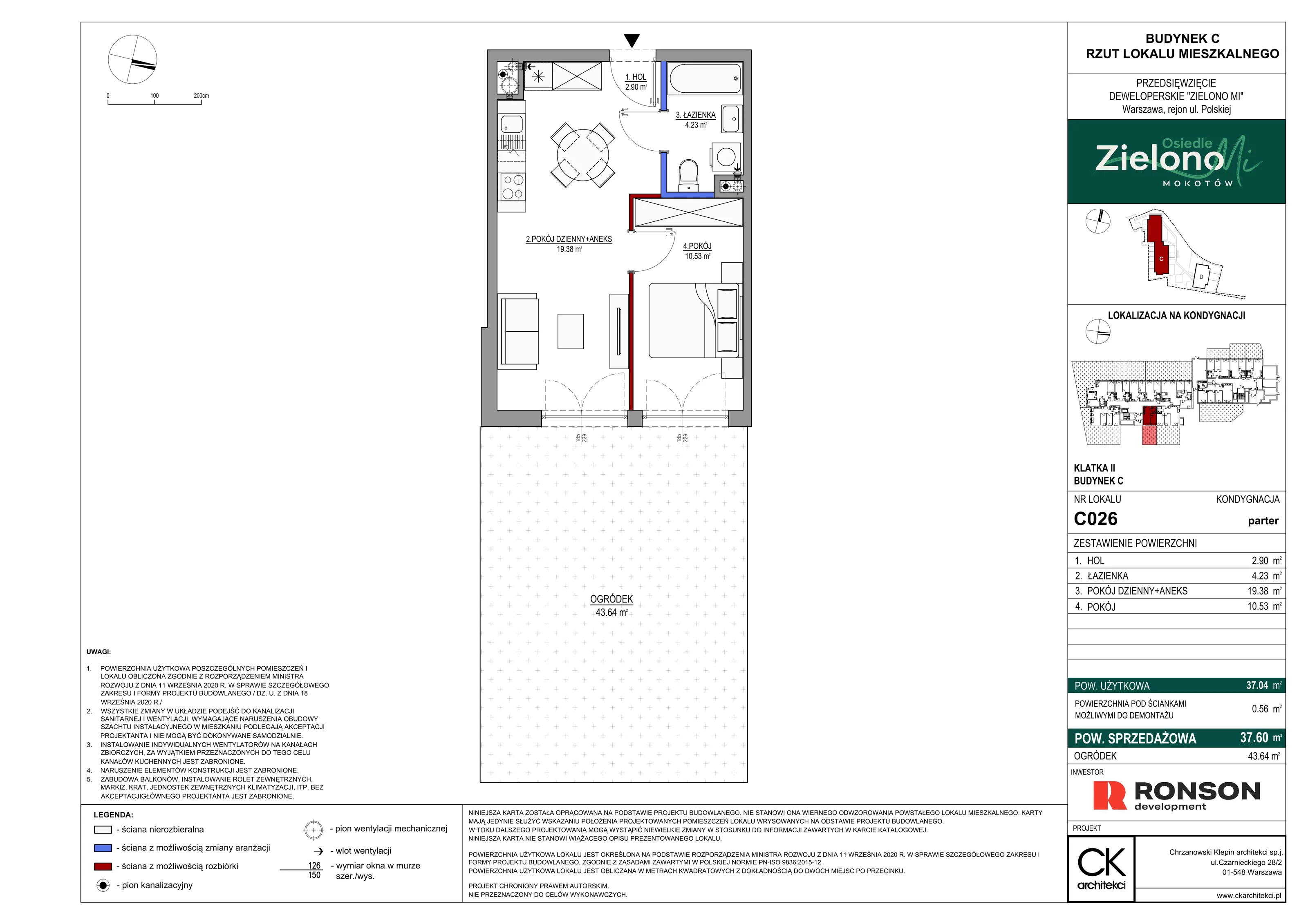 2 pokoje, mieszkanie 37,60 m², parter, oferta nr C026, Zielono MI II, Warszawa, Mokotów, Siekierki, ul. Polska 10