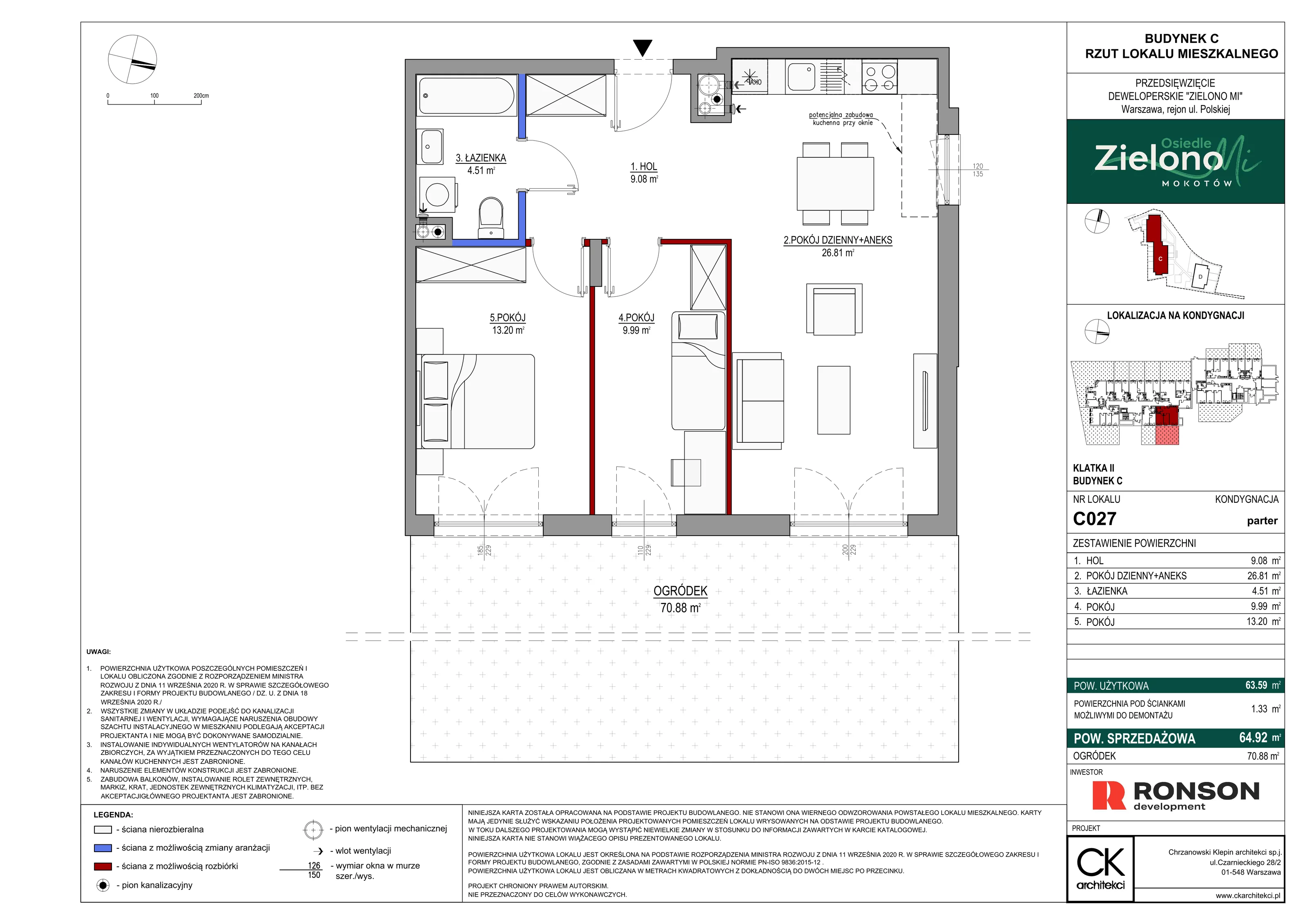 3 pokoje, mieszkanie 64,92 m², parter, oferta nr C027, Zielono MI II, Warszawa, Mokotów, Siekierki, ul. Polska 10
