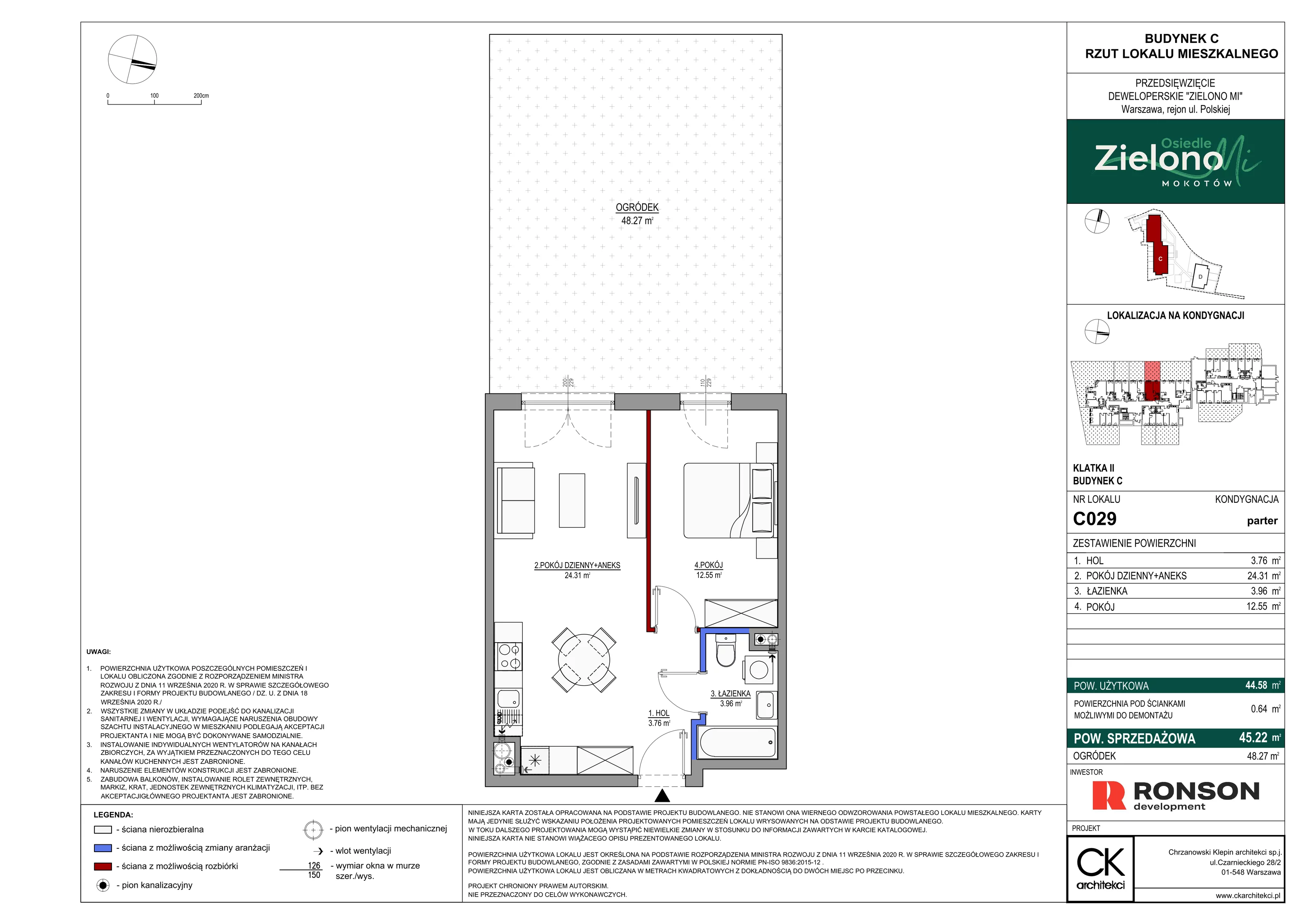 2 pokoje, mieszkanie 45,22 m², parter, oferta nr C029, Zielono MI II, Warszawa, Mokotów, Siekierki, ul. Polska 10
