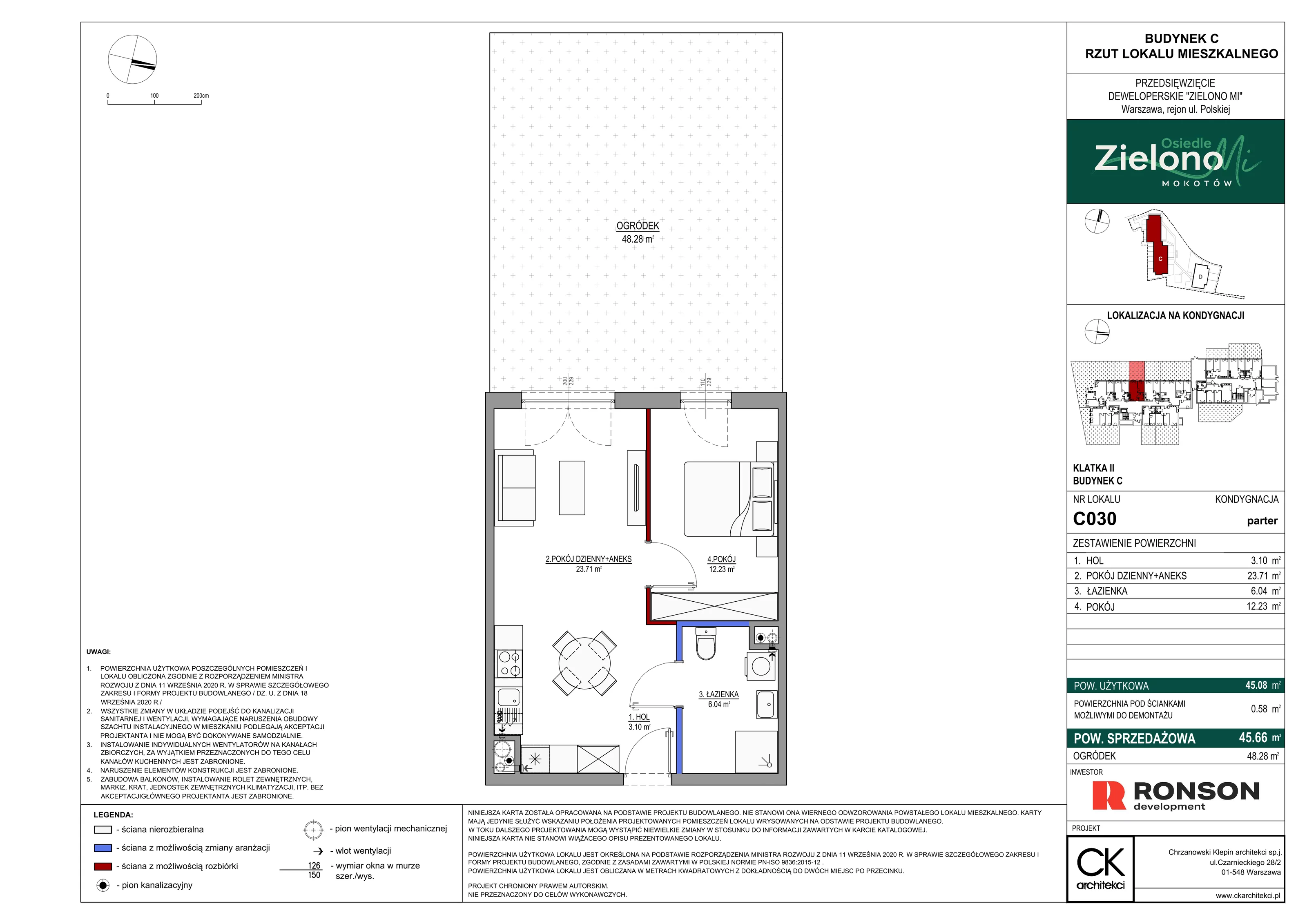 2 pokoje, mieszkanie 45,66 m², parter, oferta nr C030, Zielono MI II, Warszawa, Mokotów, Siekierki, ul. Polska 10